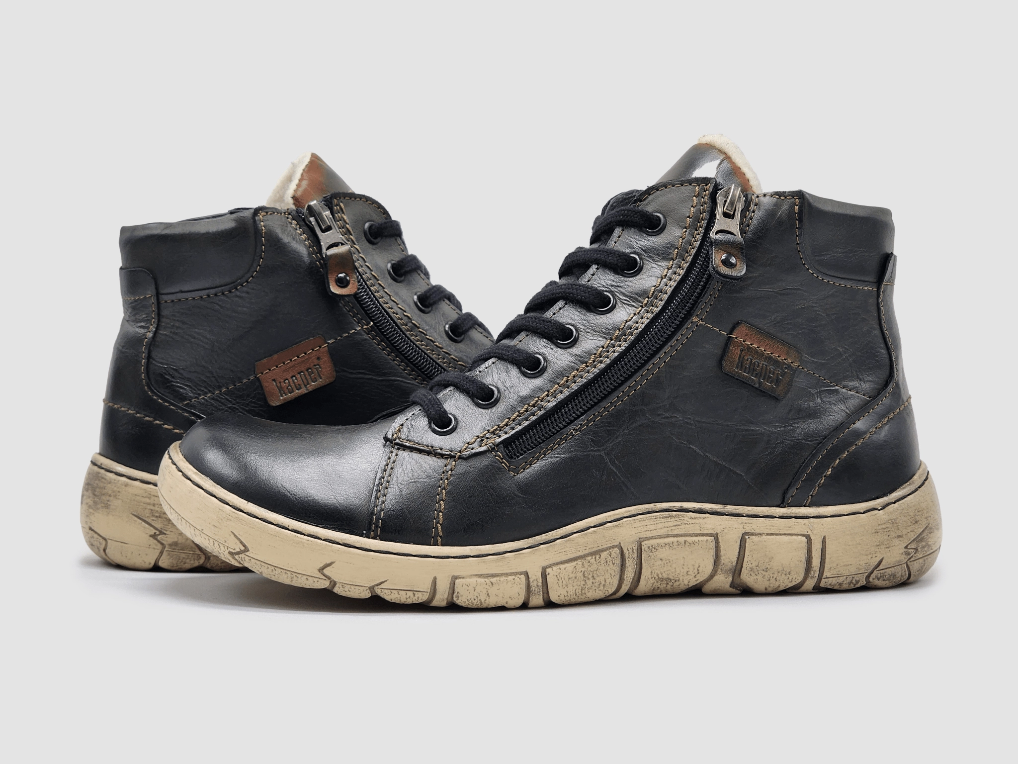 Compression Molding Men's Original Thick-Wool Lined Zip-Up Leather Boots - Black/White