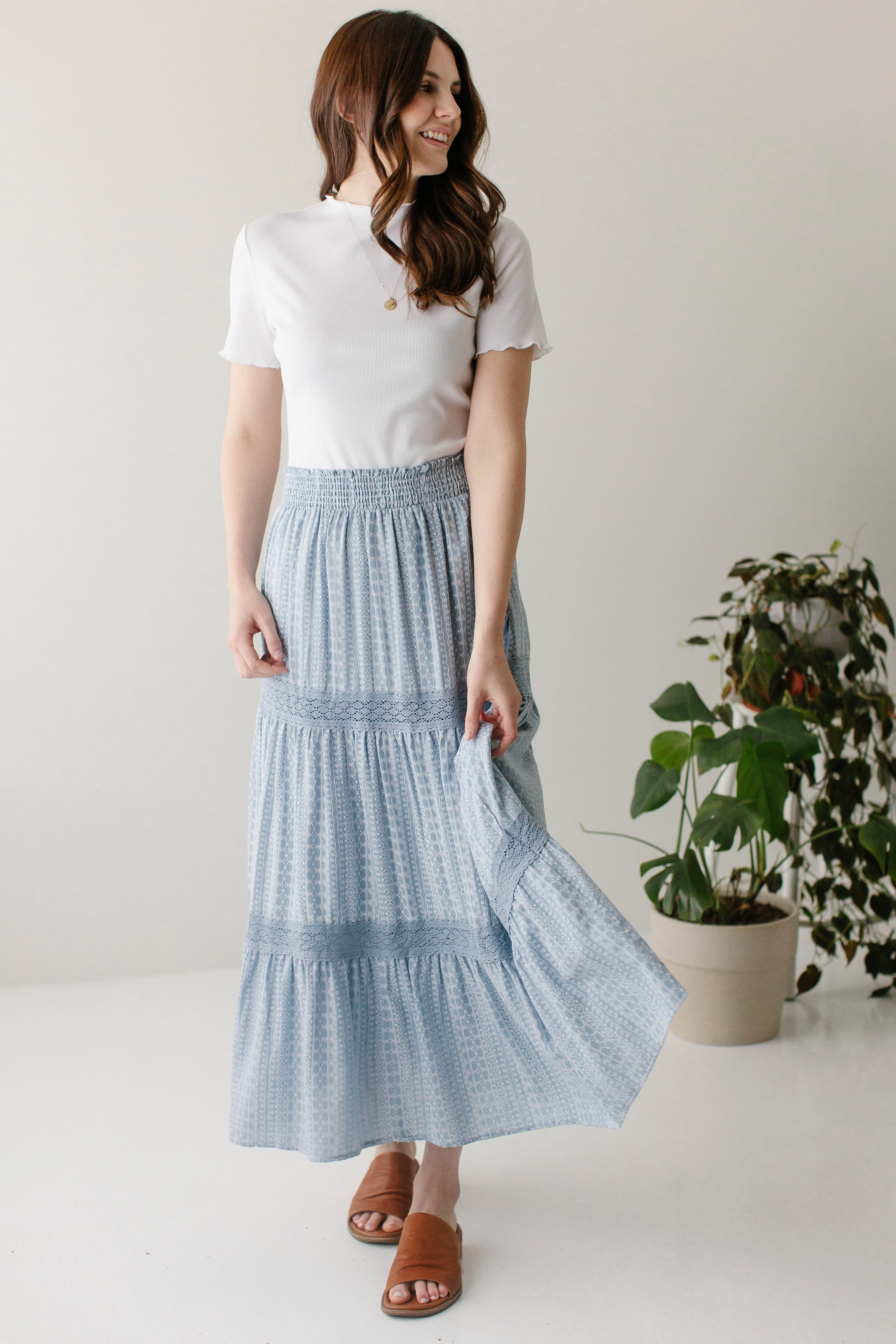 Luxury Trim elastic waistband 'Morwenna' Lace Detail Printed Midi Skirt in Light Blue FINAL SALE
