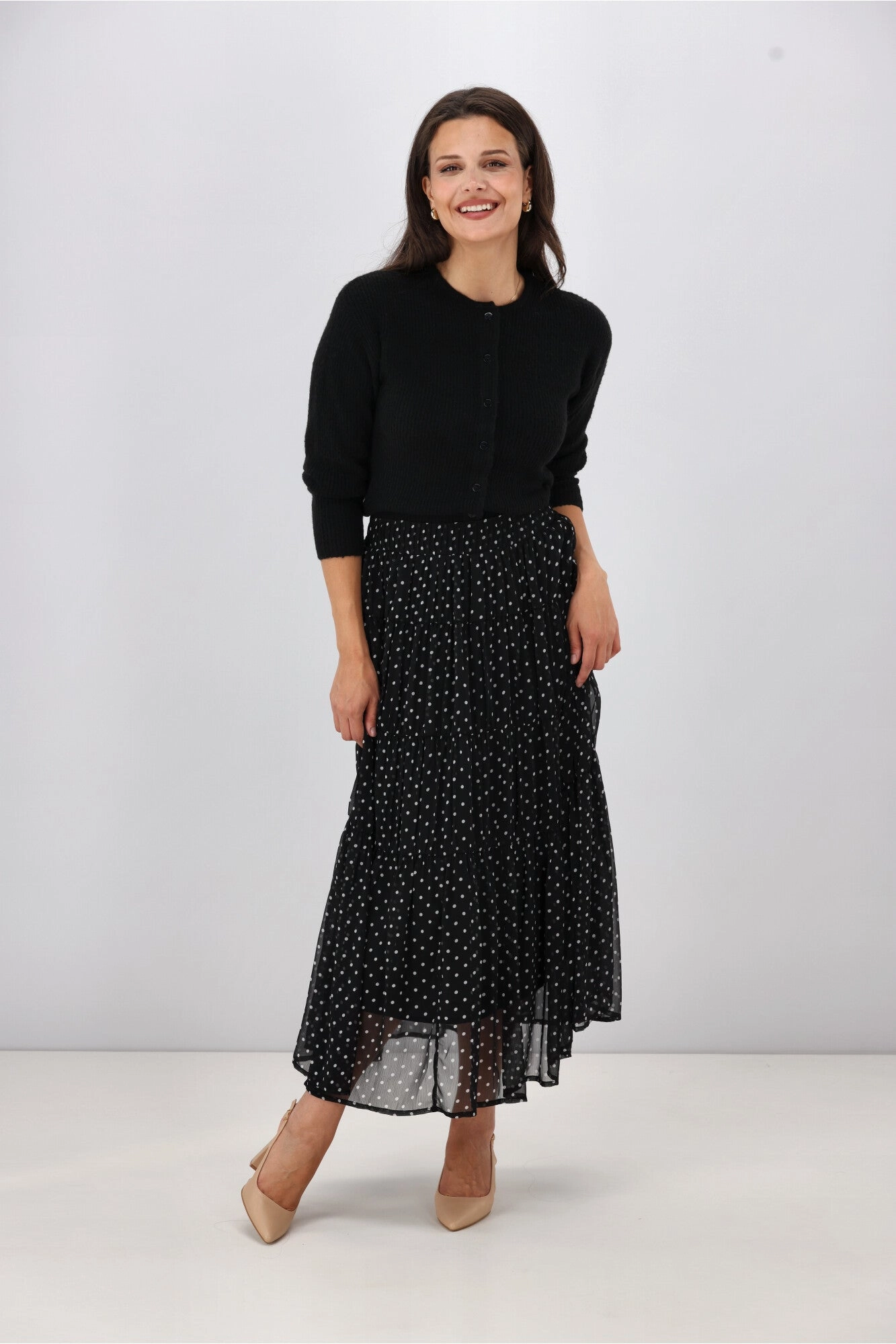 Vibrant Touch Style Staple Gloss the Label Marlowe Shirred Detail Skirt Black Polka Dot