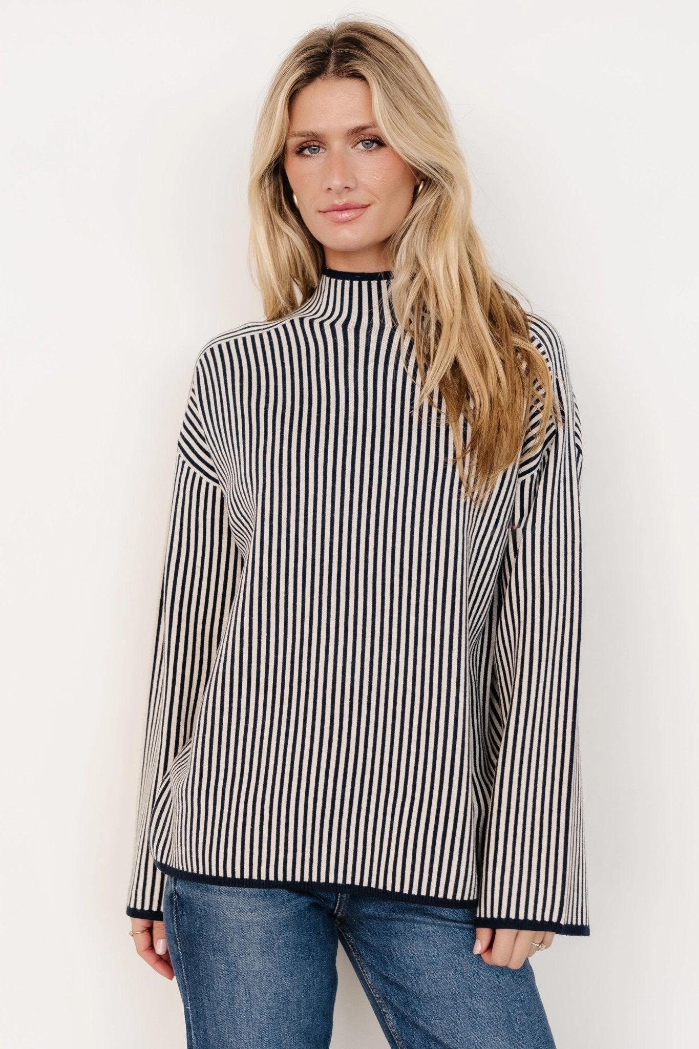 Versatile Piece Layering Knit Kat Mock Neck Sweater | Navy Stripe