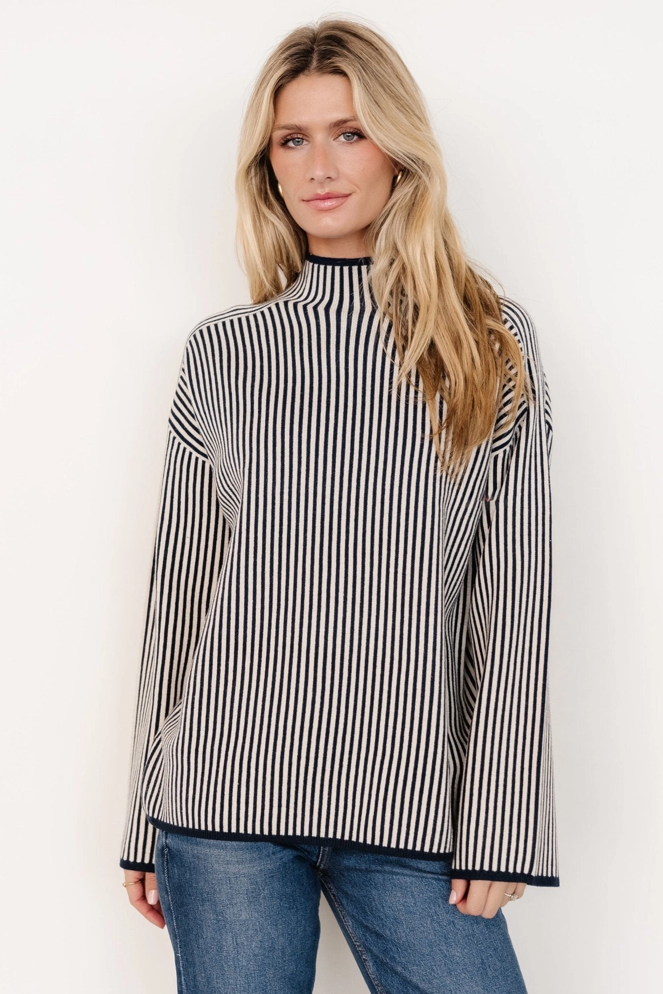 Ergonomic Sleeve Design Kat Mock Neck Sweater | Navy Stripe