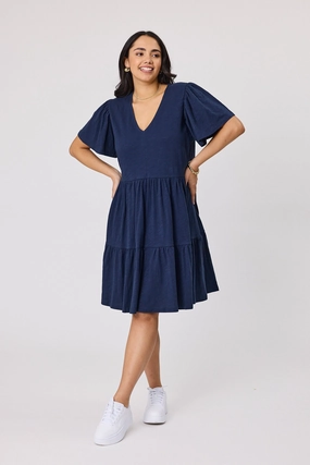 Shine On Essential Flutter Sleeve Dress Navy Comfortable Design Wear Korean Mood