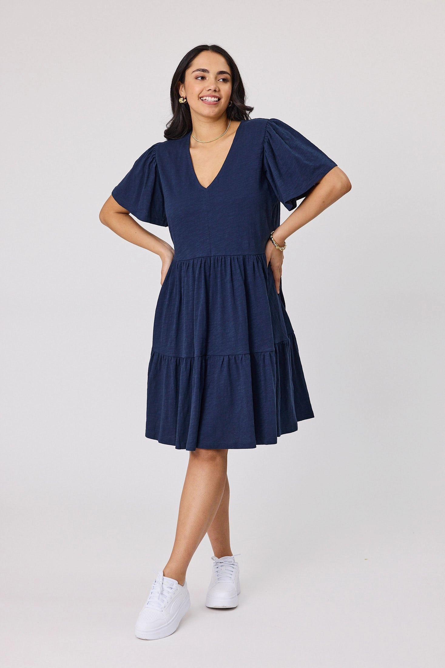 Shine On Essential Flutter Sleeve Dress Navy Comfortable Design Wear Korean Mood