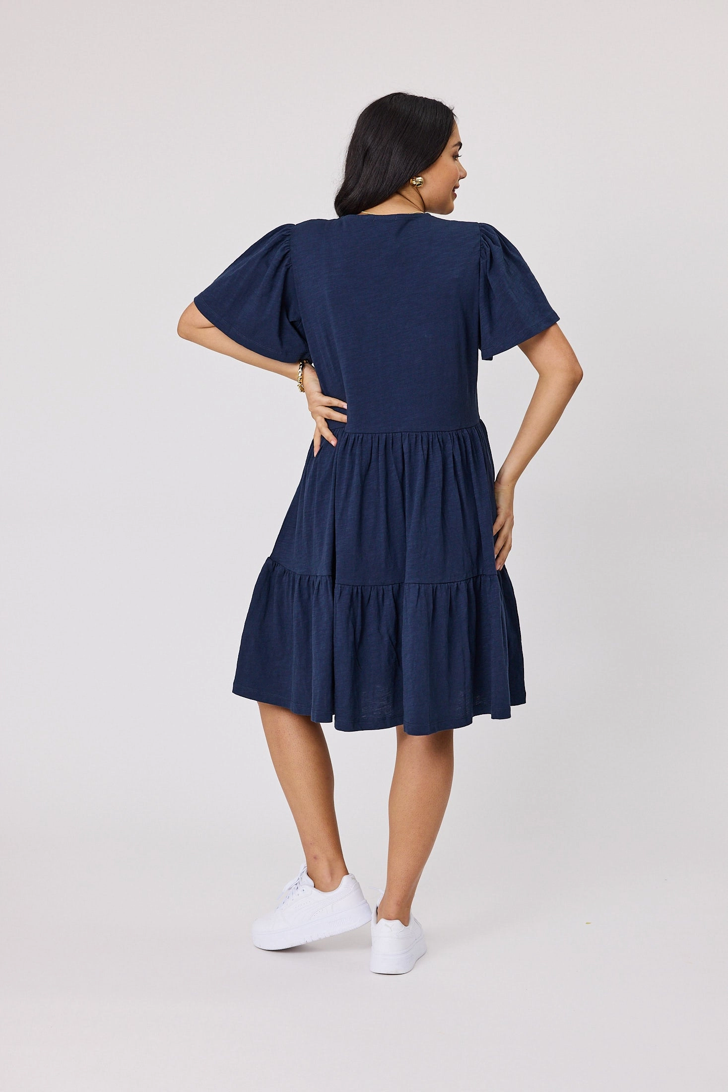 Shine On Essential Flutter Sleeve Dress Navy Chic and Cozy Wear Grace Glow