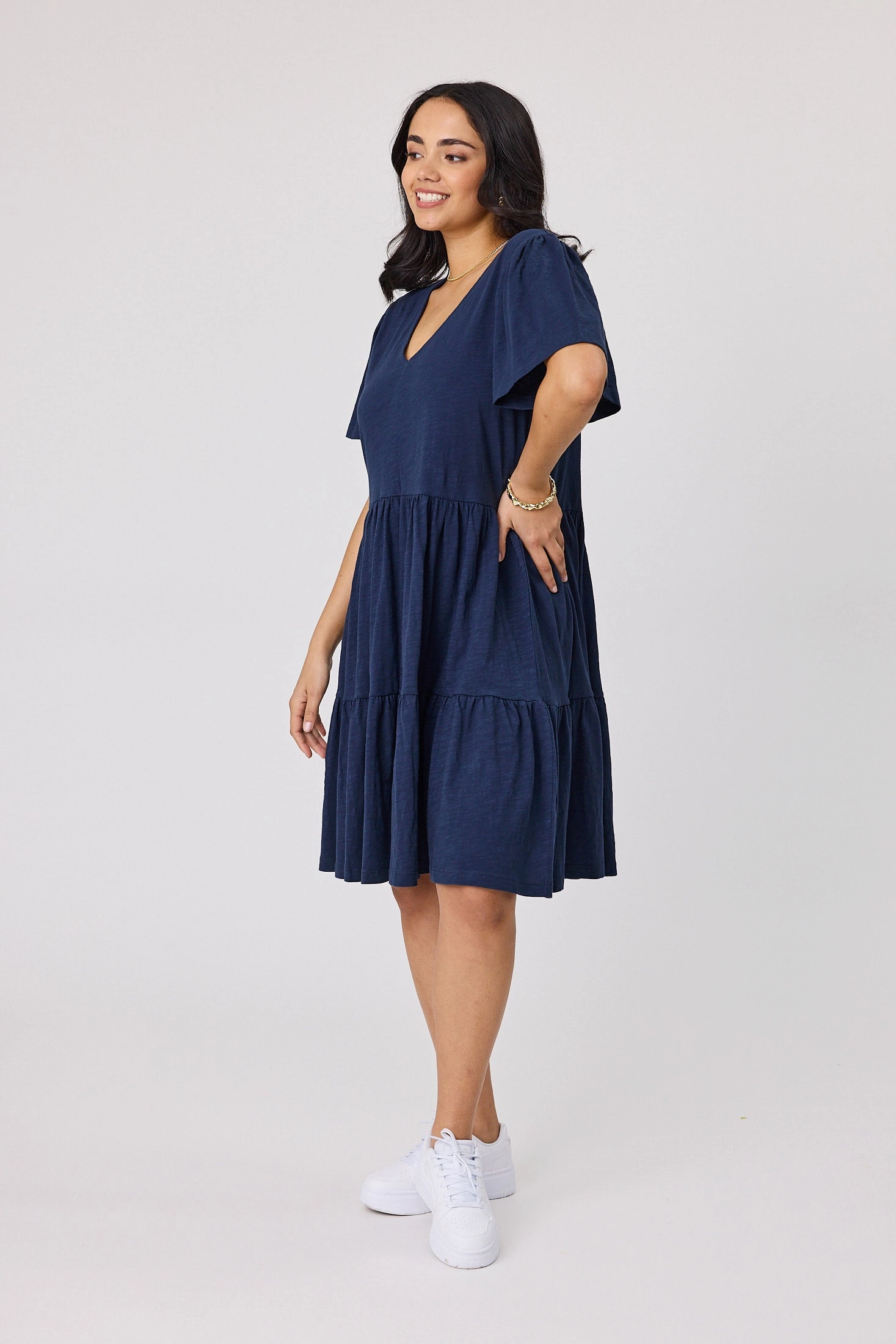 Shine On Essential Flutter Sleeve Dress Navy Trendy Silhouette Fall Style