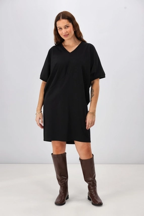 Slit Detail Natural Layers Shine On Label Analaya Angled Panel Knit Tunic Dress Black