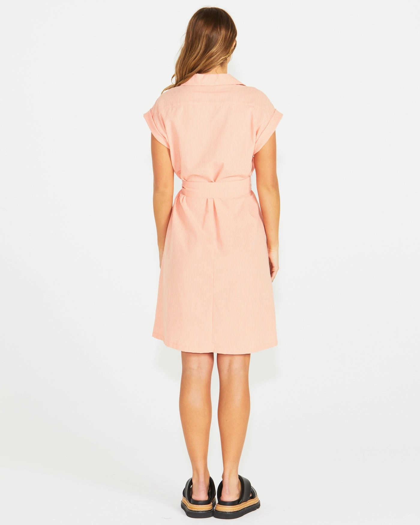 All Look Shared Glow Sass Liberty Utility Dress Neon Peach White Stripe