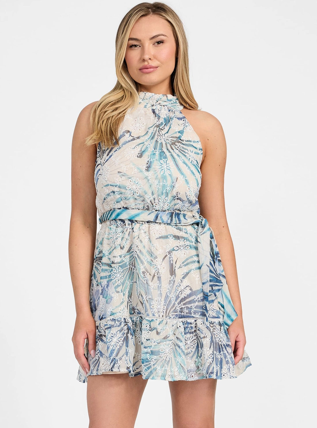 Fashion-Forward Fit Eco Blue Palm Print Daniele Mini Flare Dress