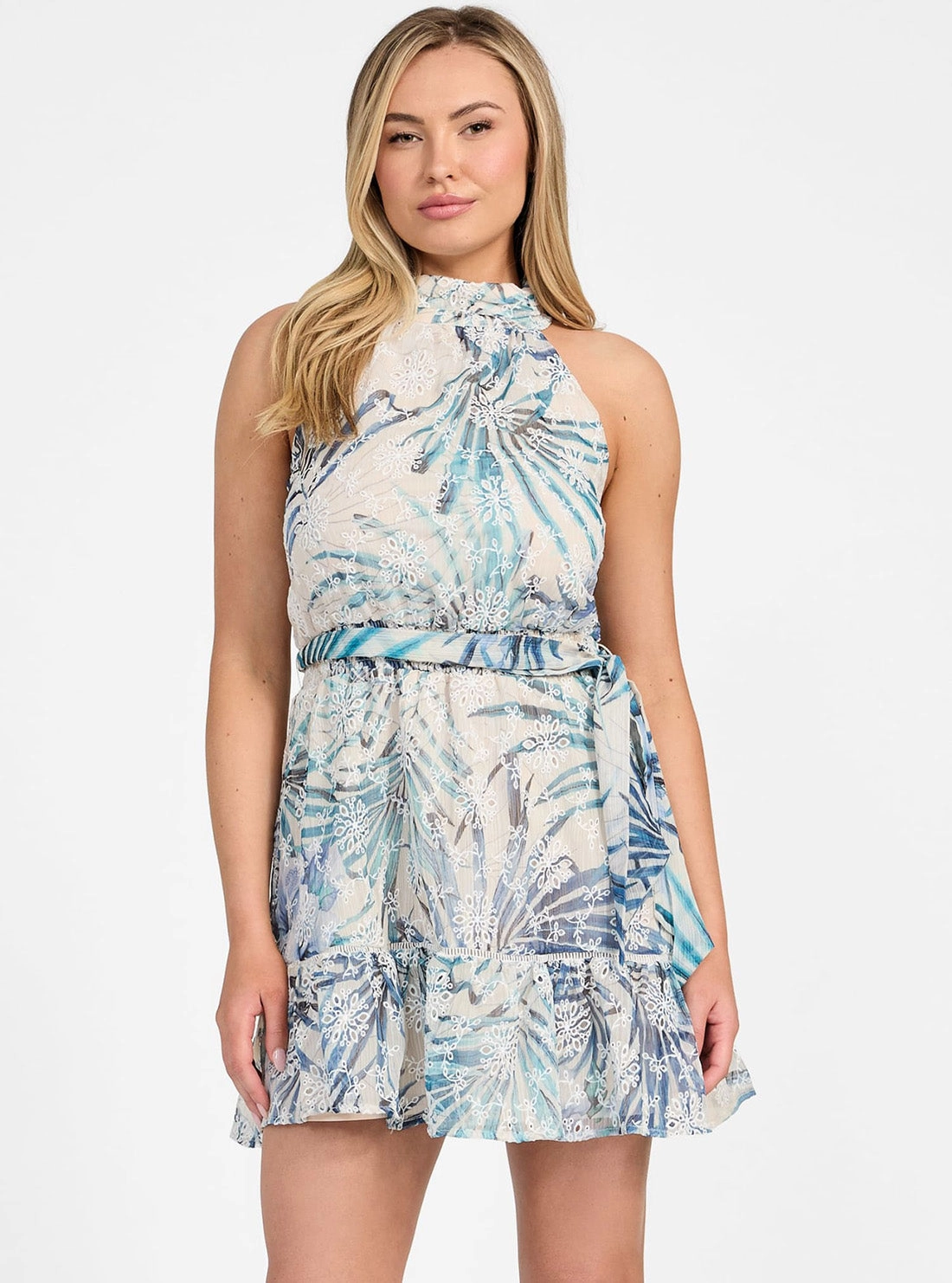 Simple Spirit Metallic-Shine Eco Blue Palm Print Daniele Mini Flare Dress
