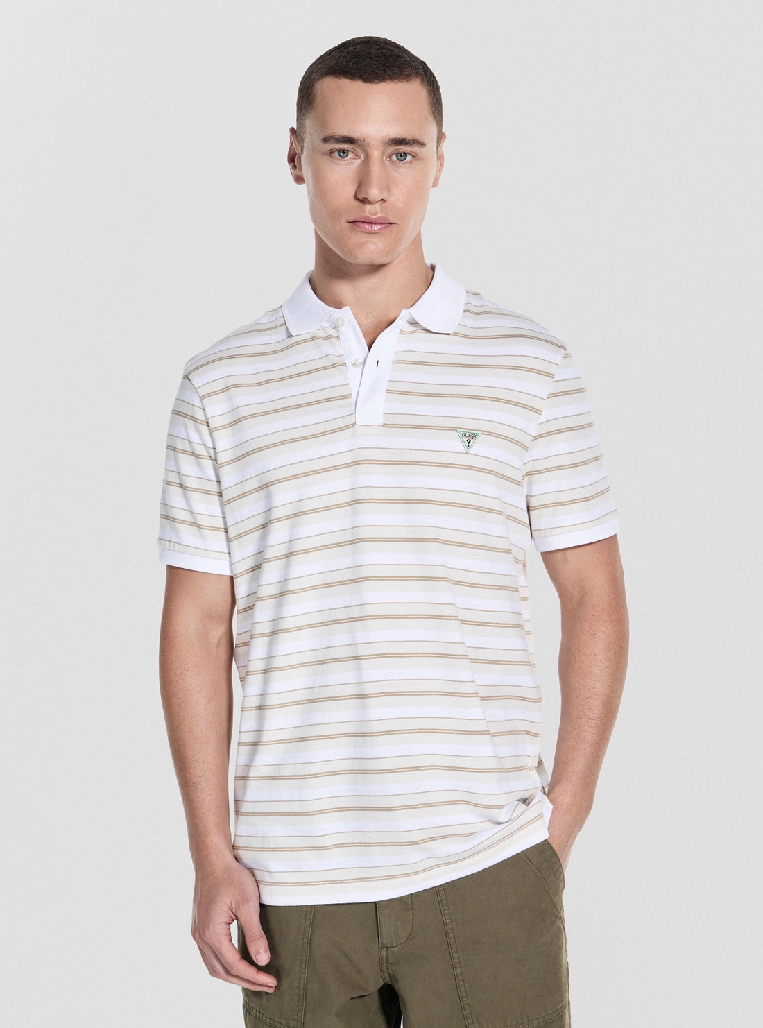 Beige Yarn Dye Striped Polo Shirt Multipurpose Layering Fabric All day wearability