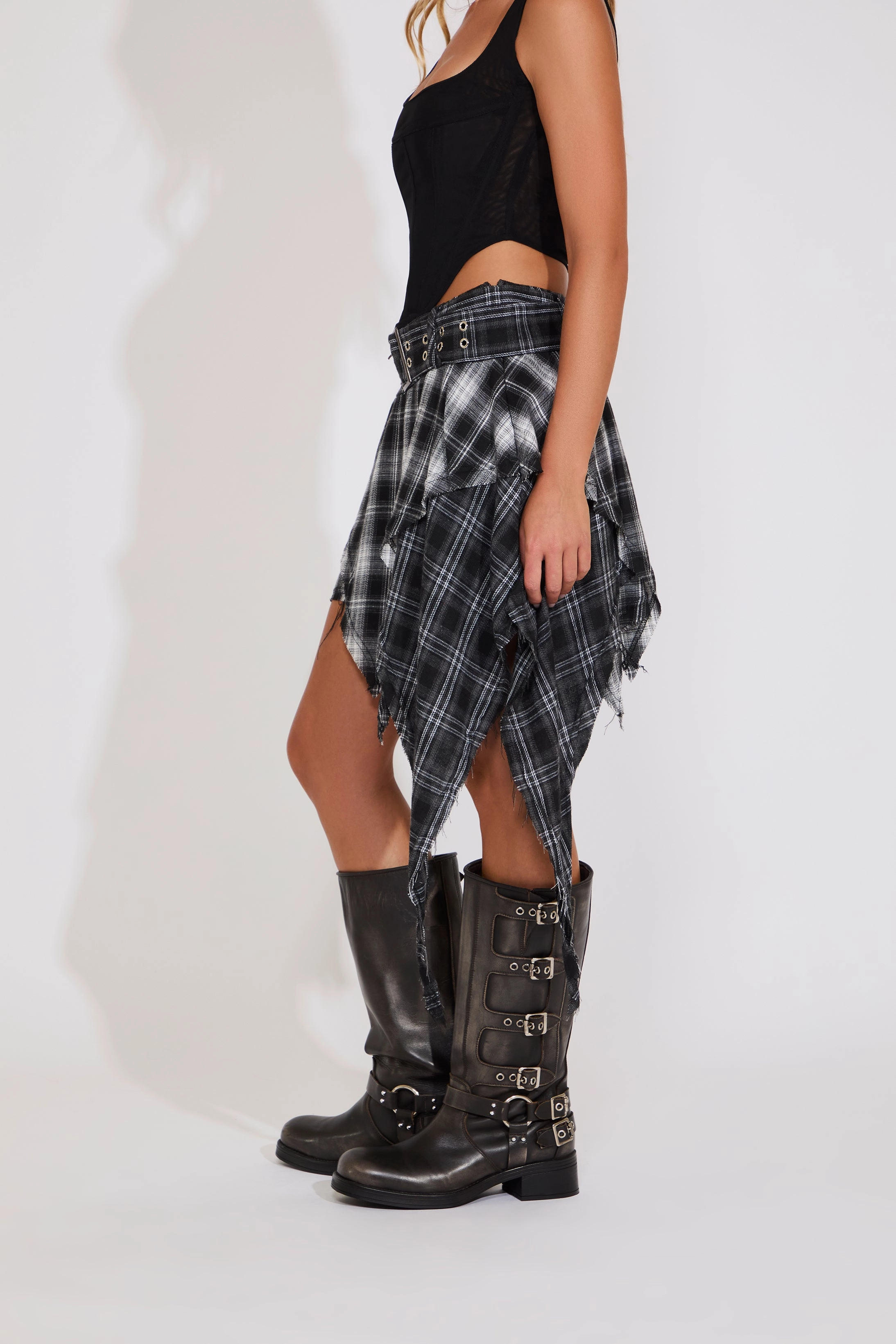 PLAID FLANNEL TIERED ASYMMETRIC HEM BELTED SKIRT Light Moodboard Hidden pockets