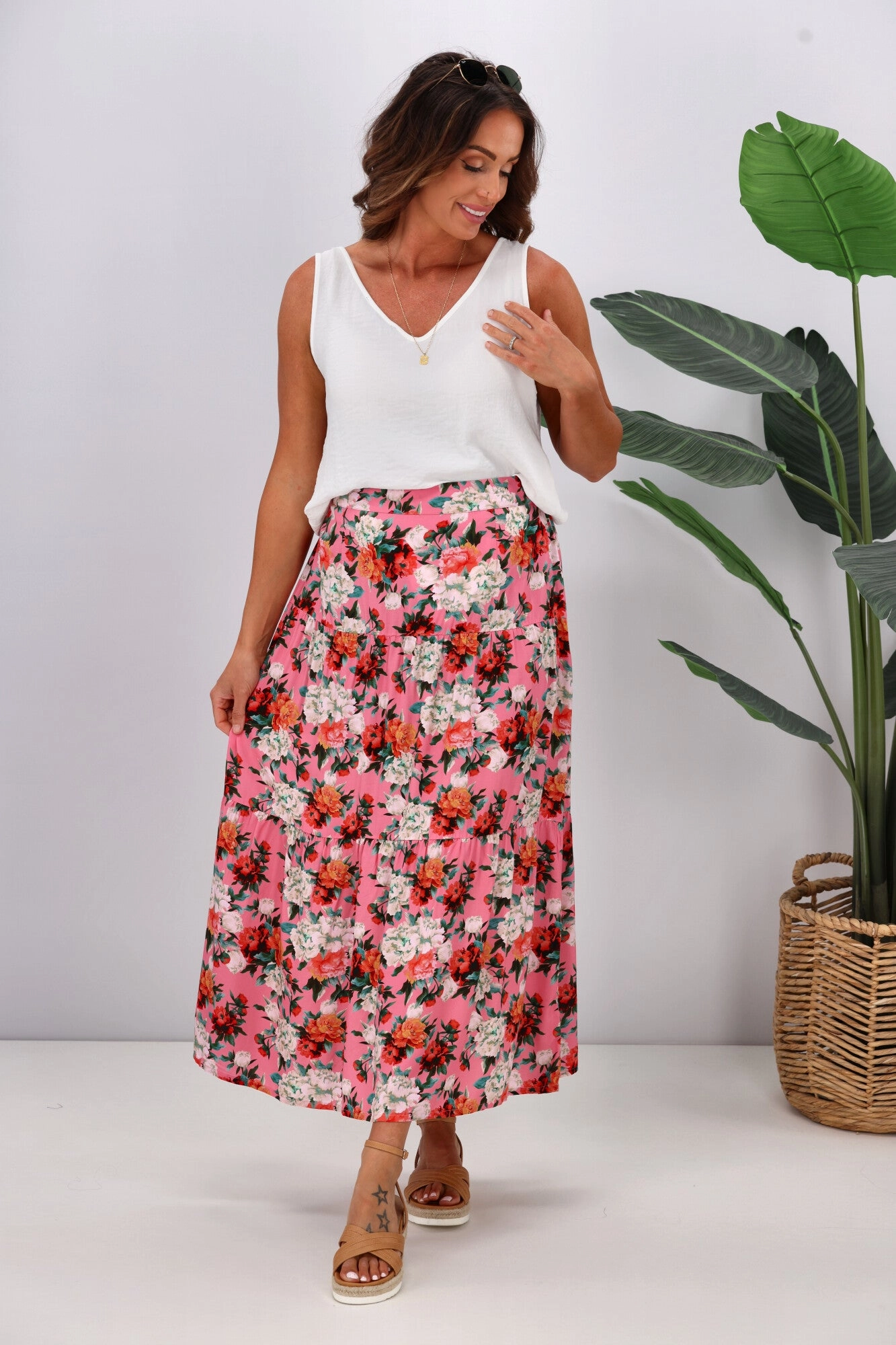 Polished Cut Gloss by Shine On Lucerne Tiered Maxi Skirt Pink Floral