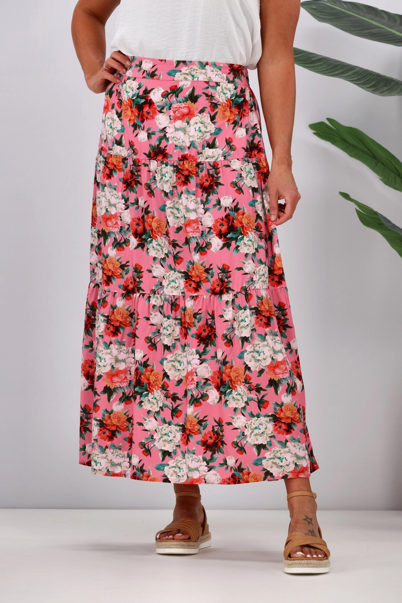 Gloss by Shine On Lucerne Tiered Maxi Skirt Pink Floral Ankle length