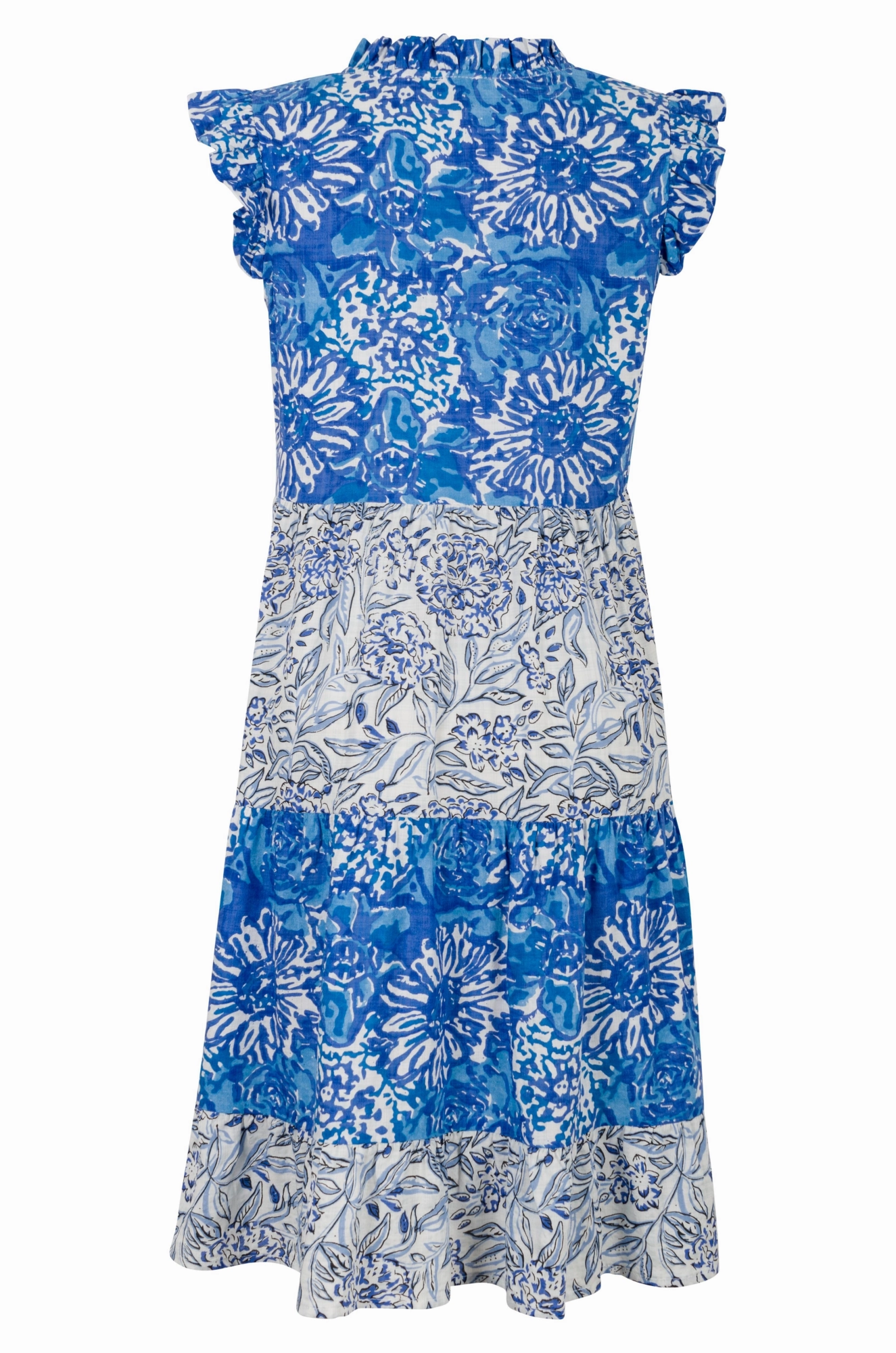 Matte Fabric Feminine Charm Printed Cotton Rayon Dress | Blue Blooms | 6549A1