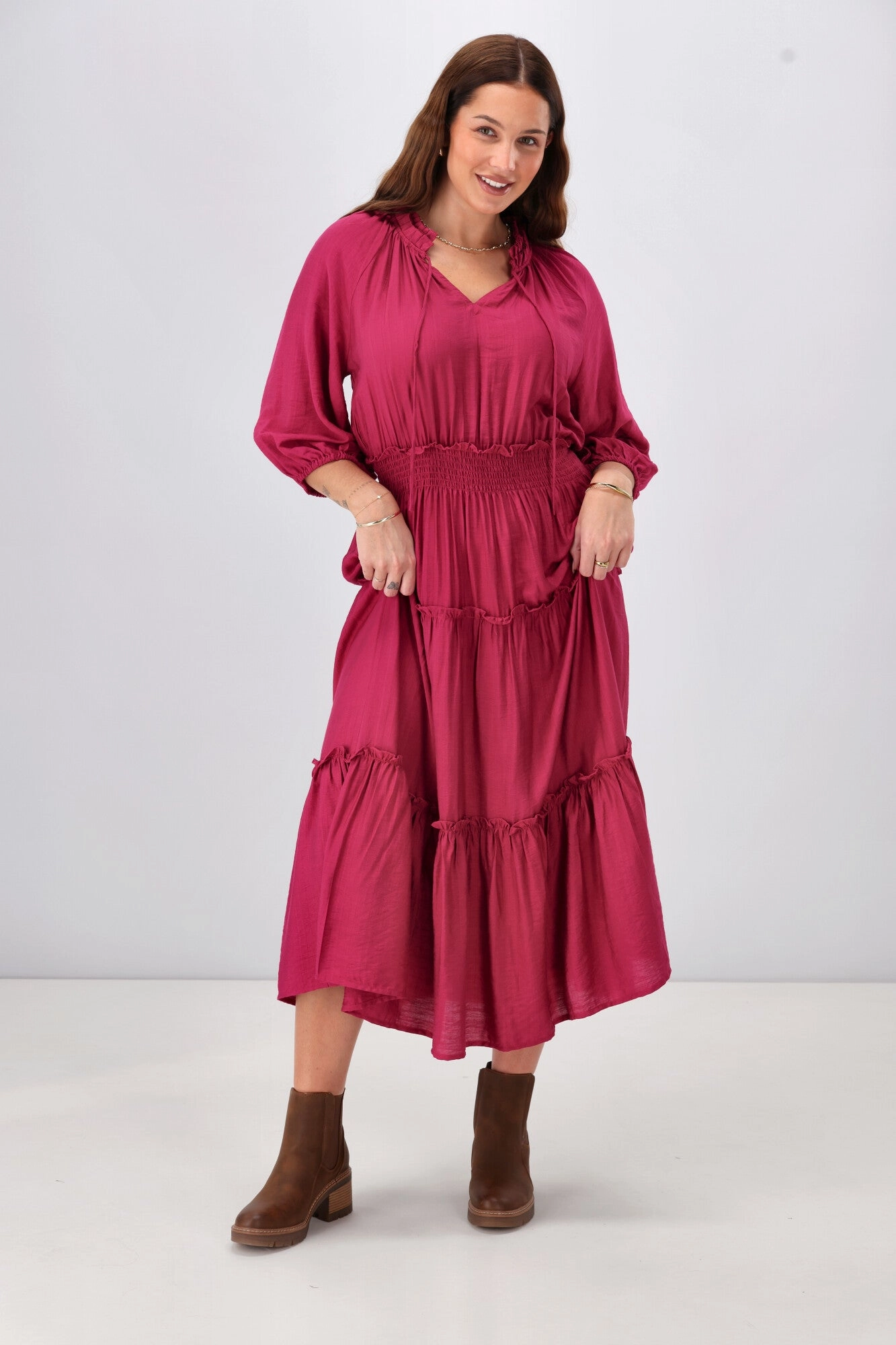 Gloss The Label Chyna Mandarin Collar Dress Raspberry Sleek and Simple