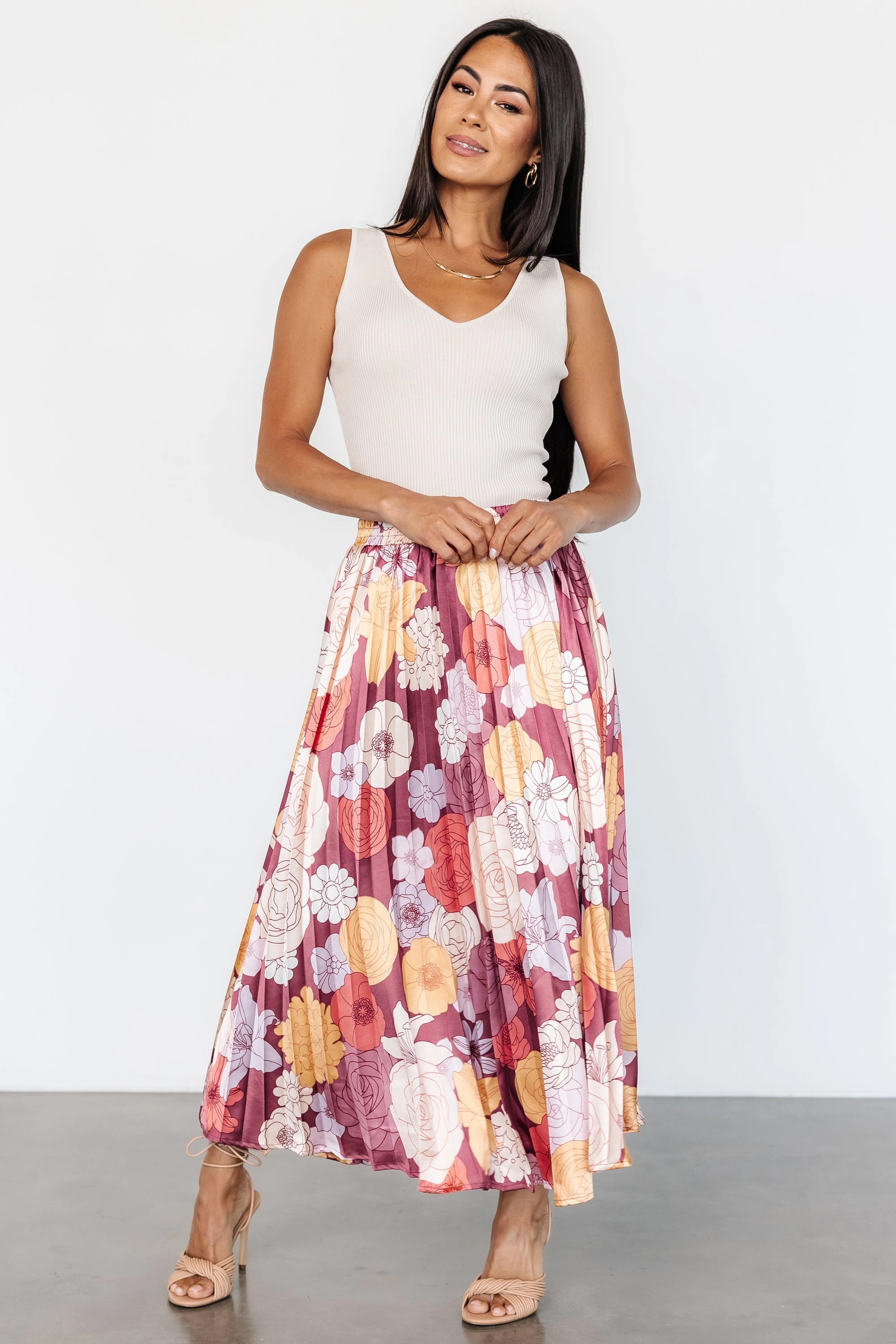 Cori Pleated Skirt | Deep Mauve Floral Neutral palette Bold Finish