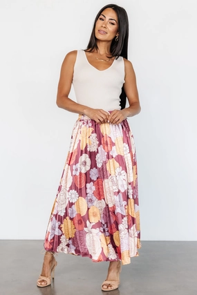 Cori Pleated Skirt | Deep Mauve Floral Neutral palette Bold Finish
