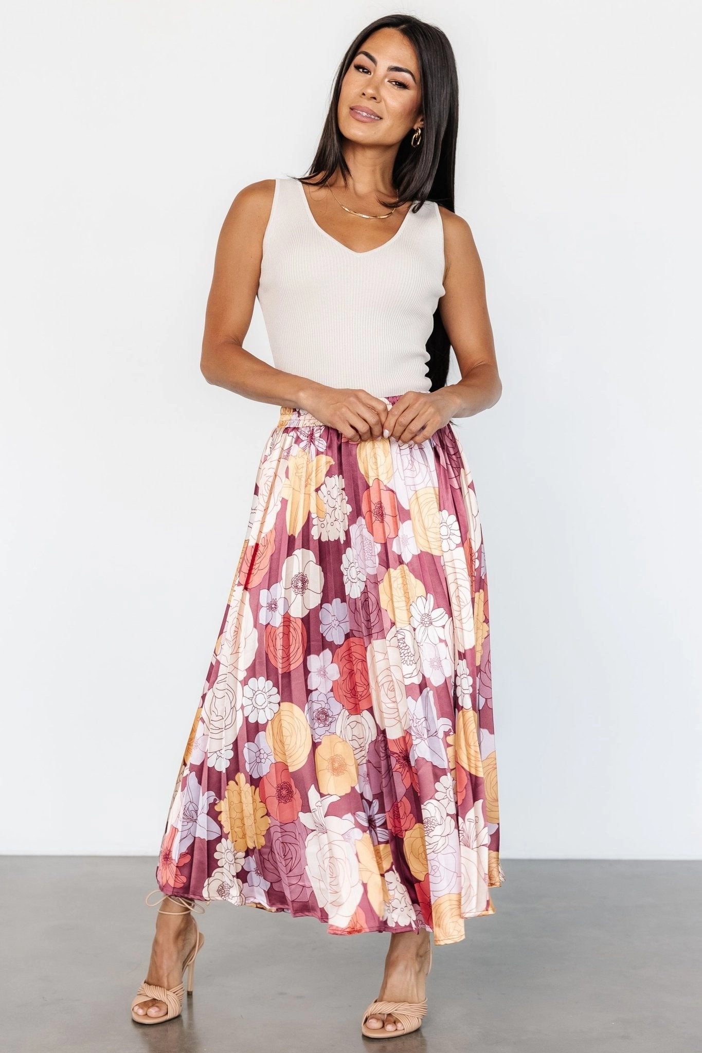 Clean Style Cori Pleated Skirt | Deep Mauve Floral