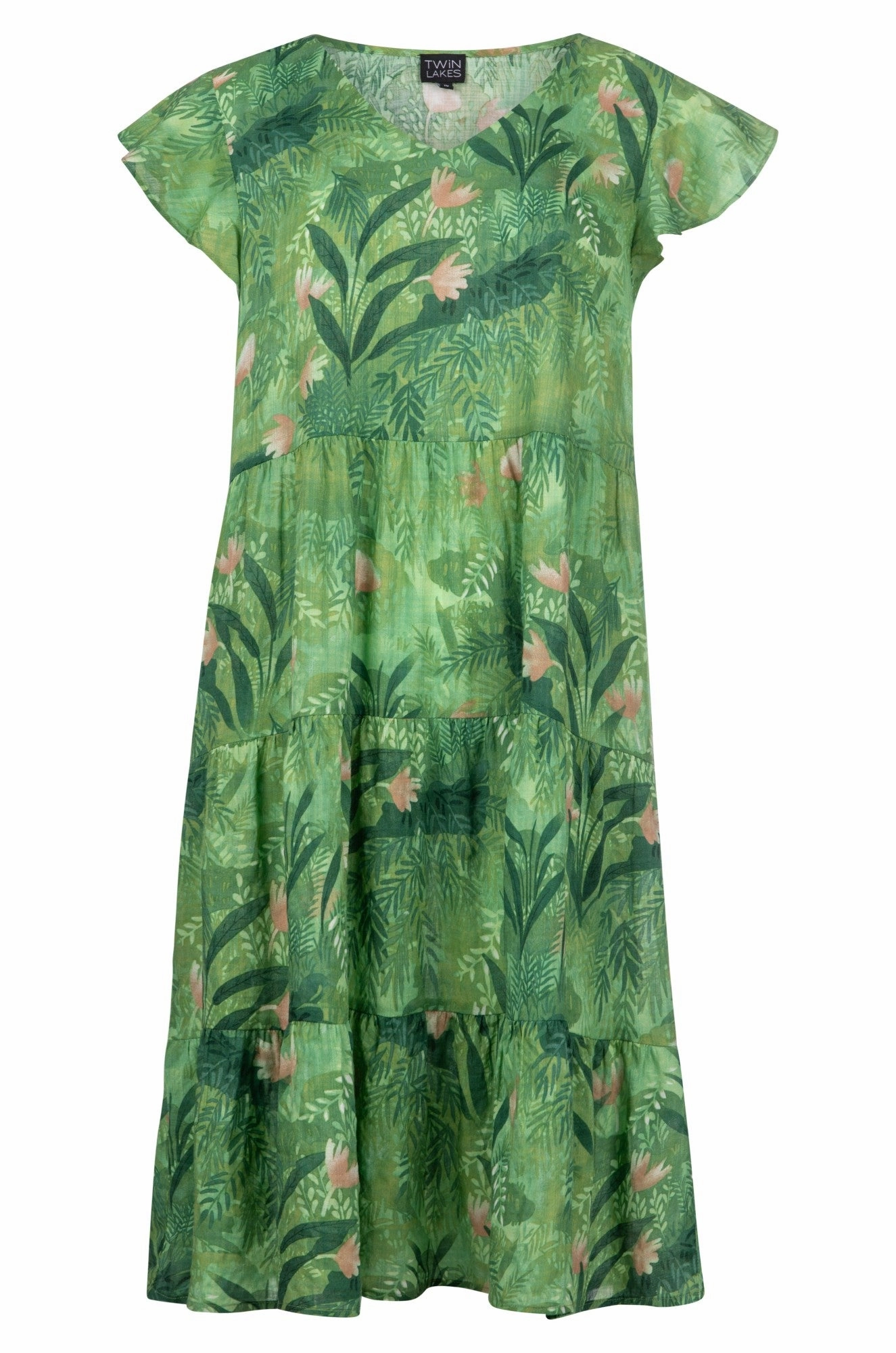 Relaxed Waistband Lounge Texture Flutter sleeve Viscose Blend Dress | Green Fern | 6534A1
