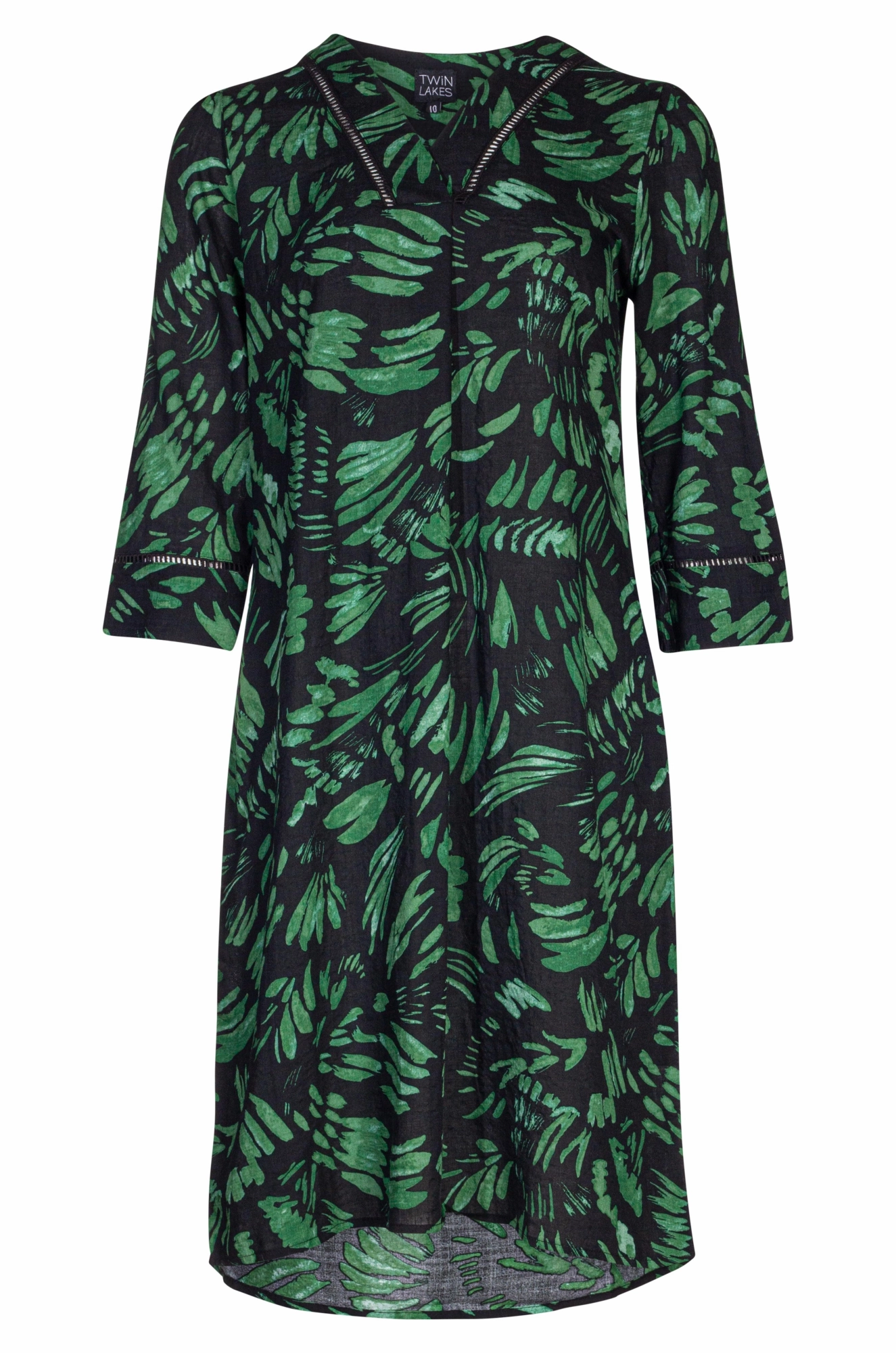 Statement Mood Water-Repellent-Finish Cotton blend Dress with 3/4 sleeve | Green Blk Brushstroke | 6544A1