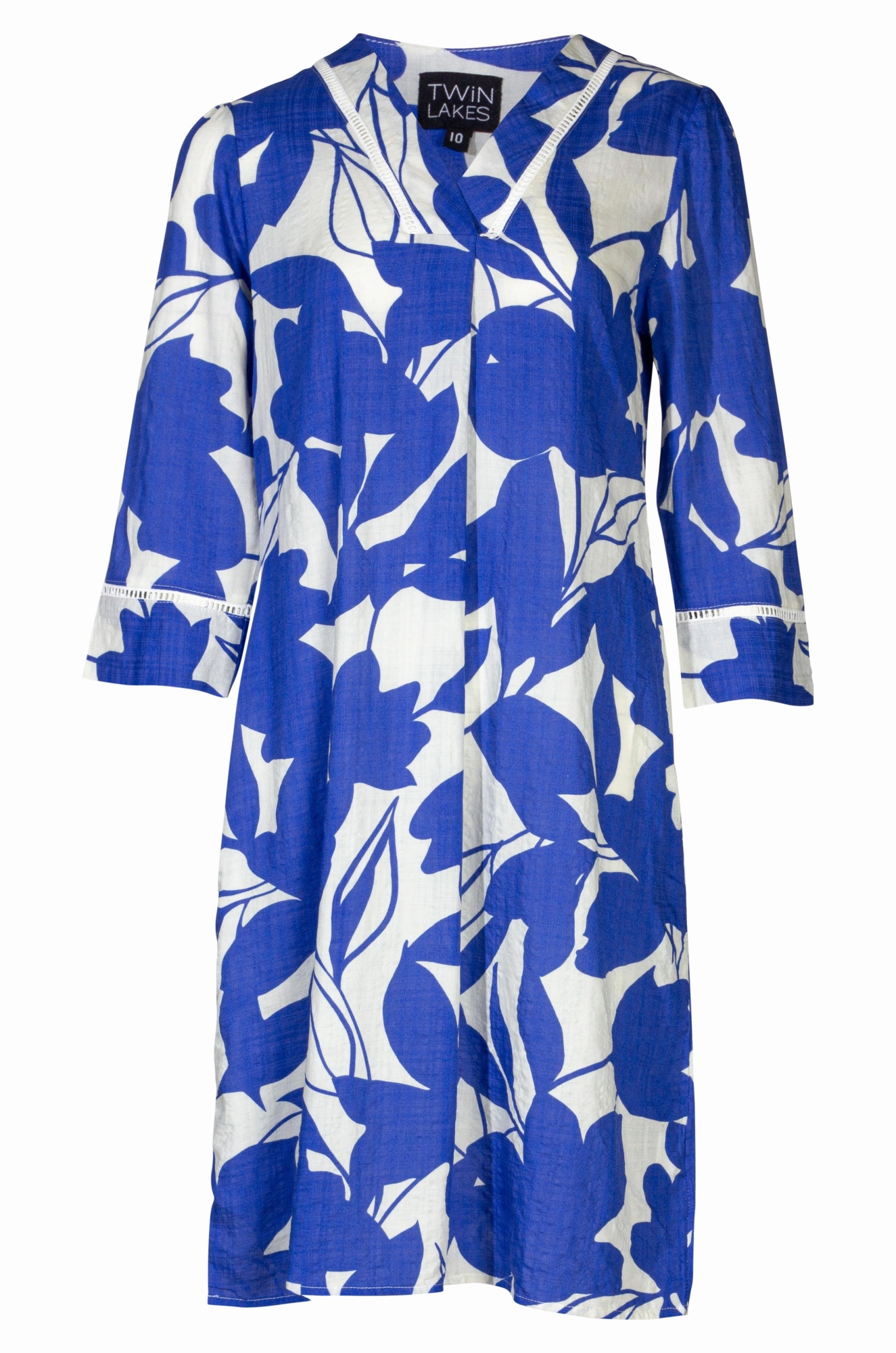 Cotton blend Dress with 3/4 sleeve | Lapis Ivory Leaves | 6544A1 Draped Fabric