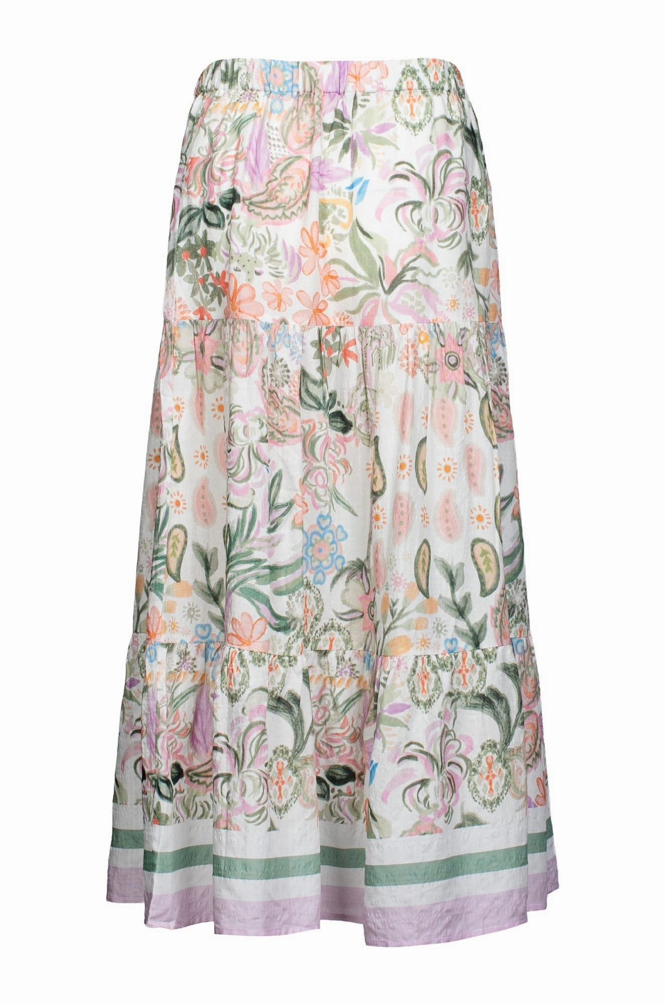 Wool blend Bold Edge Tiered Skirt | Olive Lilac Border | 6511C1