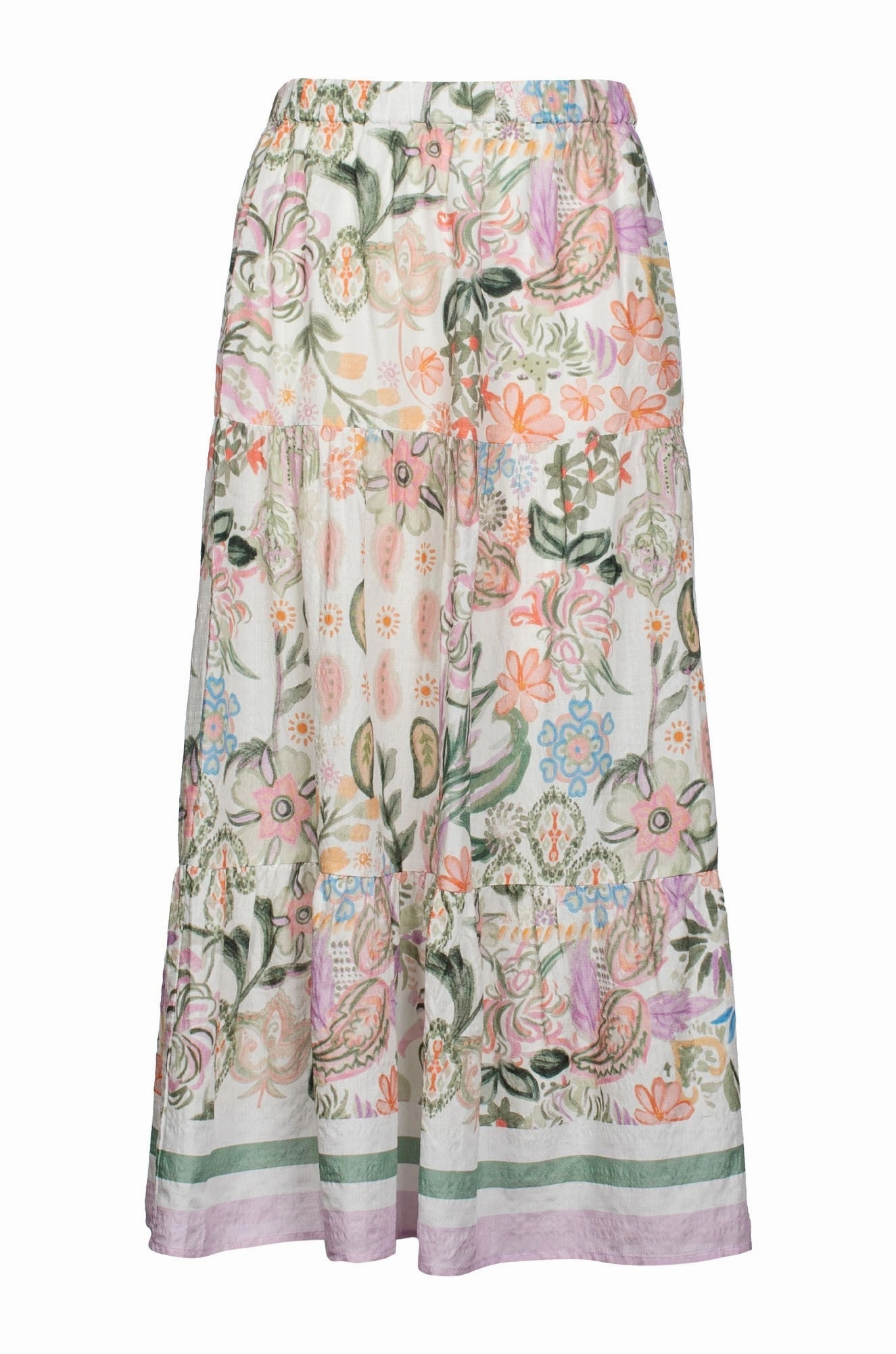 Machine wash safe Knitted Fabric Tiered Skirt | Olive Lilac Border | 6511C1