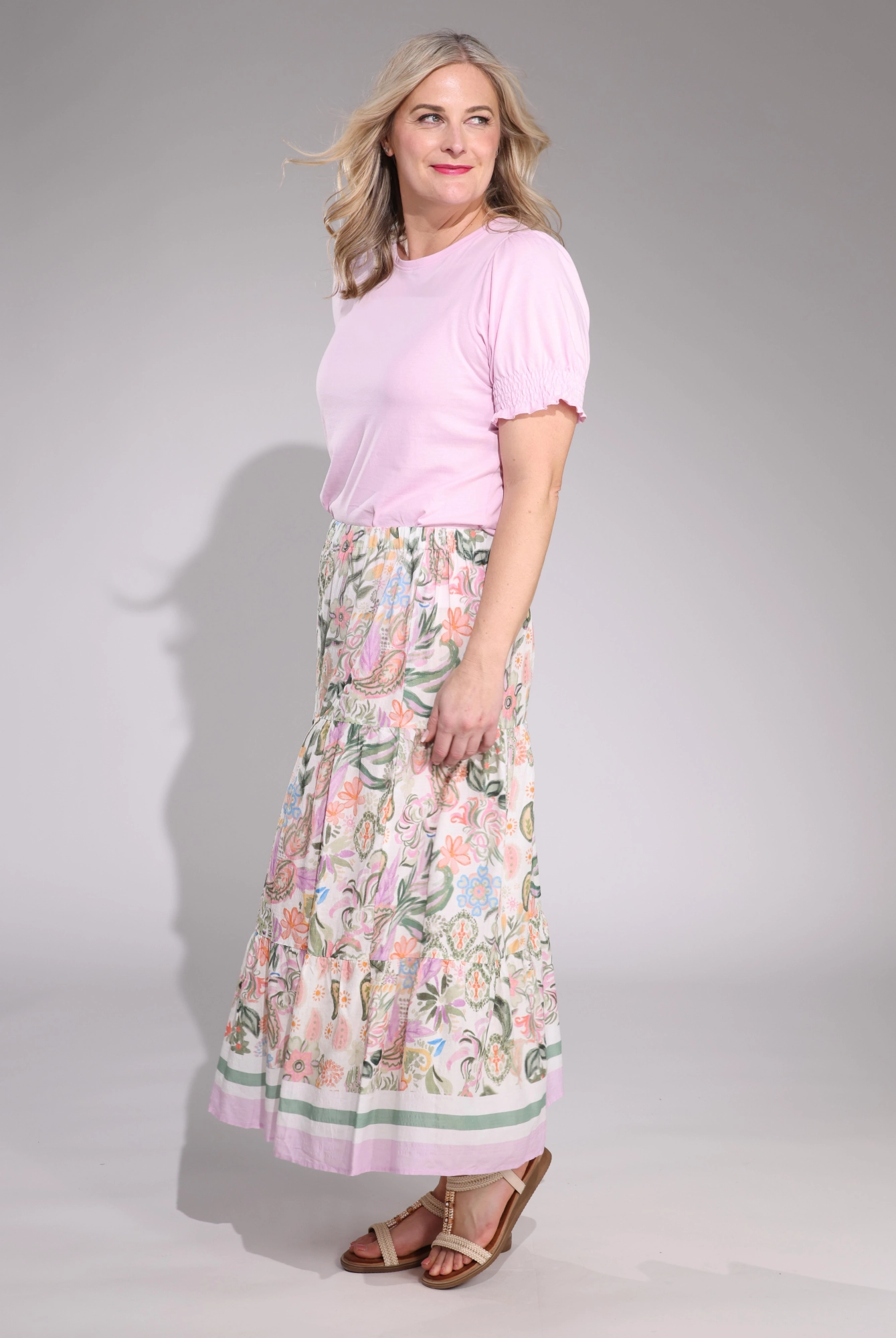 Tiered Skirt | Olive Lilac Border | 6511C1 Detachable Tie Outfit Flow