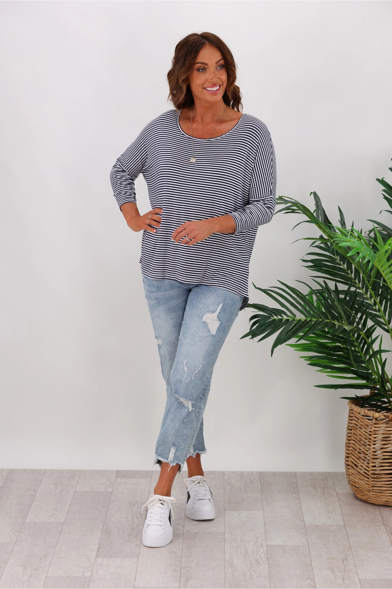 Soft And Comfortable Modern Smart Betty Basics Milan 3/4 Sleeve Tee Navy/White Stripe