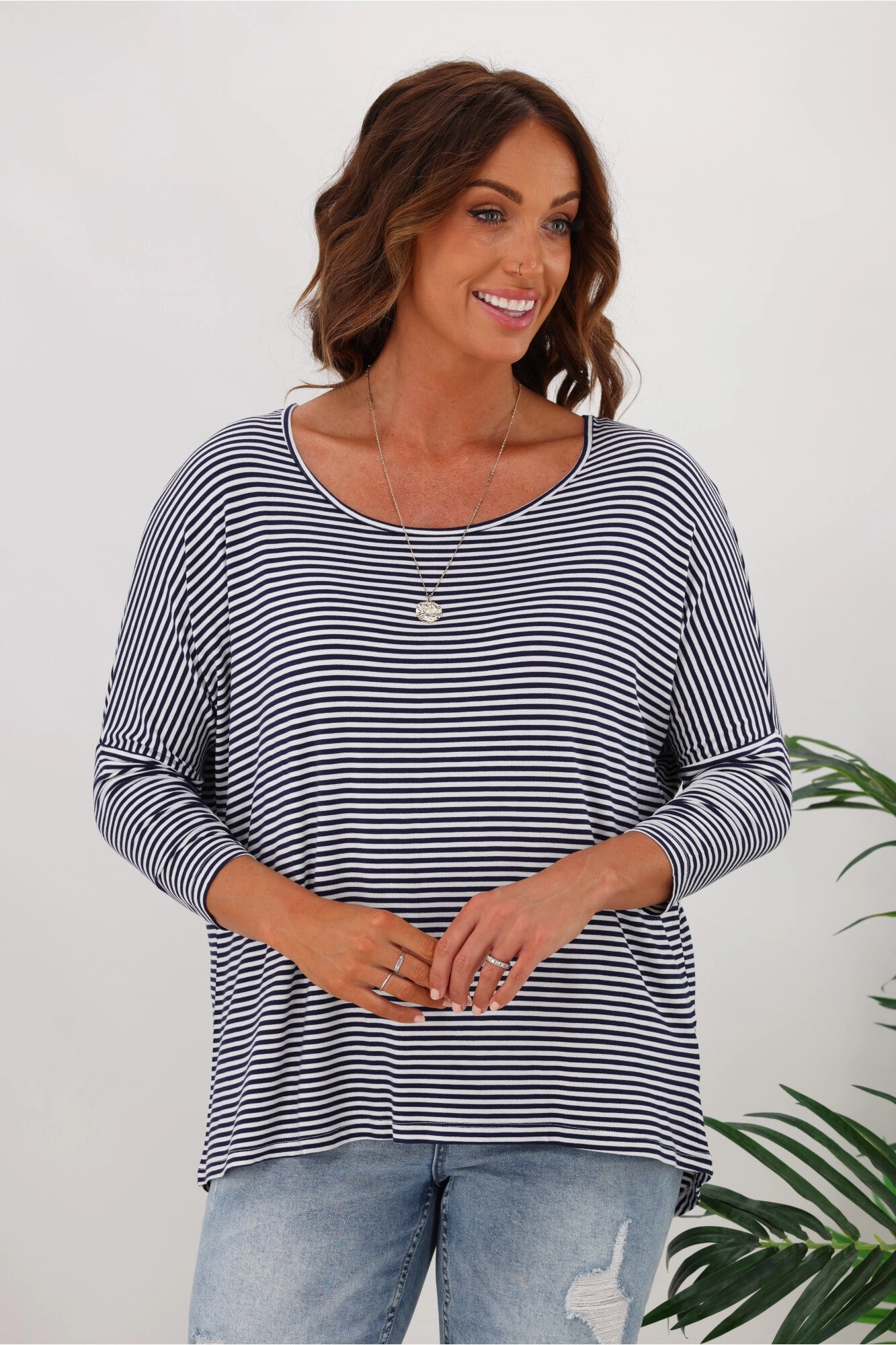 Quick Dry Performance Formal Style Betty Basics Milan 3/4 Sleeve Tee Navy/White Stripe