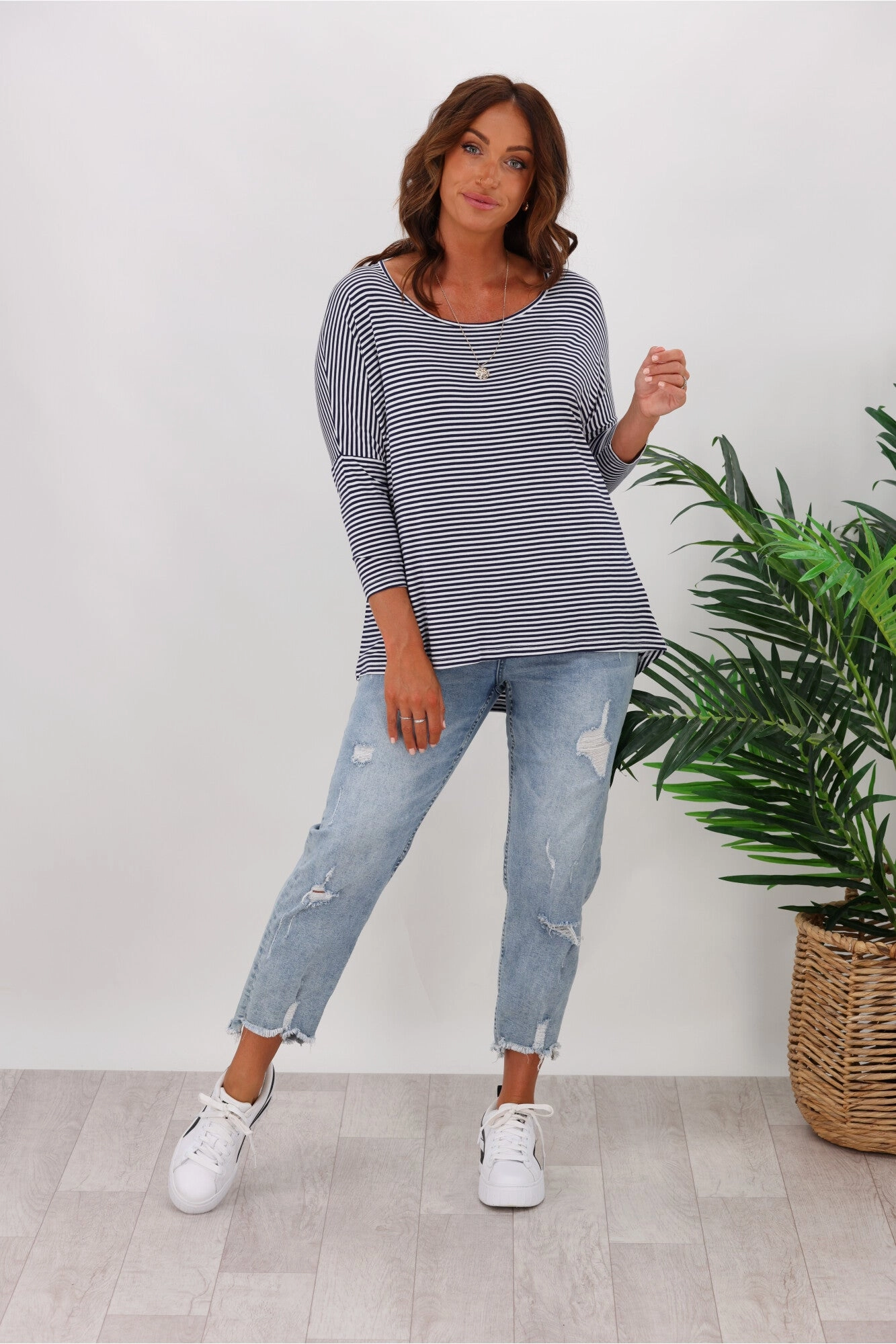 Athletic Fit Betty Basics Milan 3/4 Sleeve Tee Navy/White Stripe