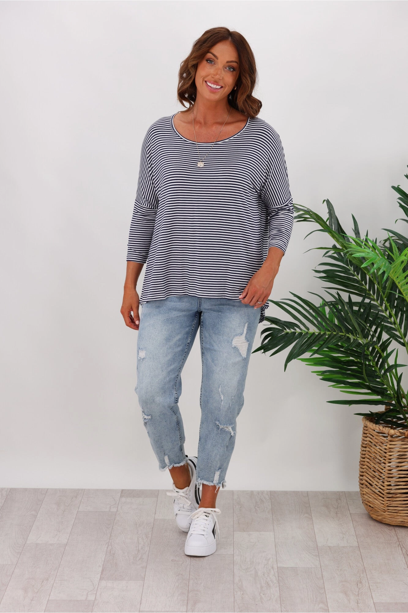Versatile Style Trend Betty Basics Milan 3/4 Sleeve Tee Navy/White Stripe