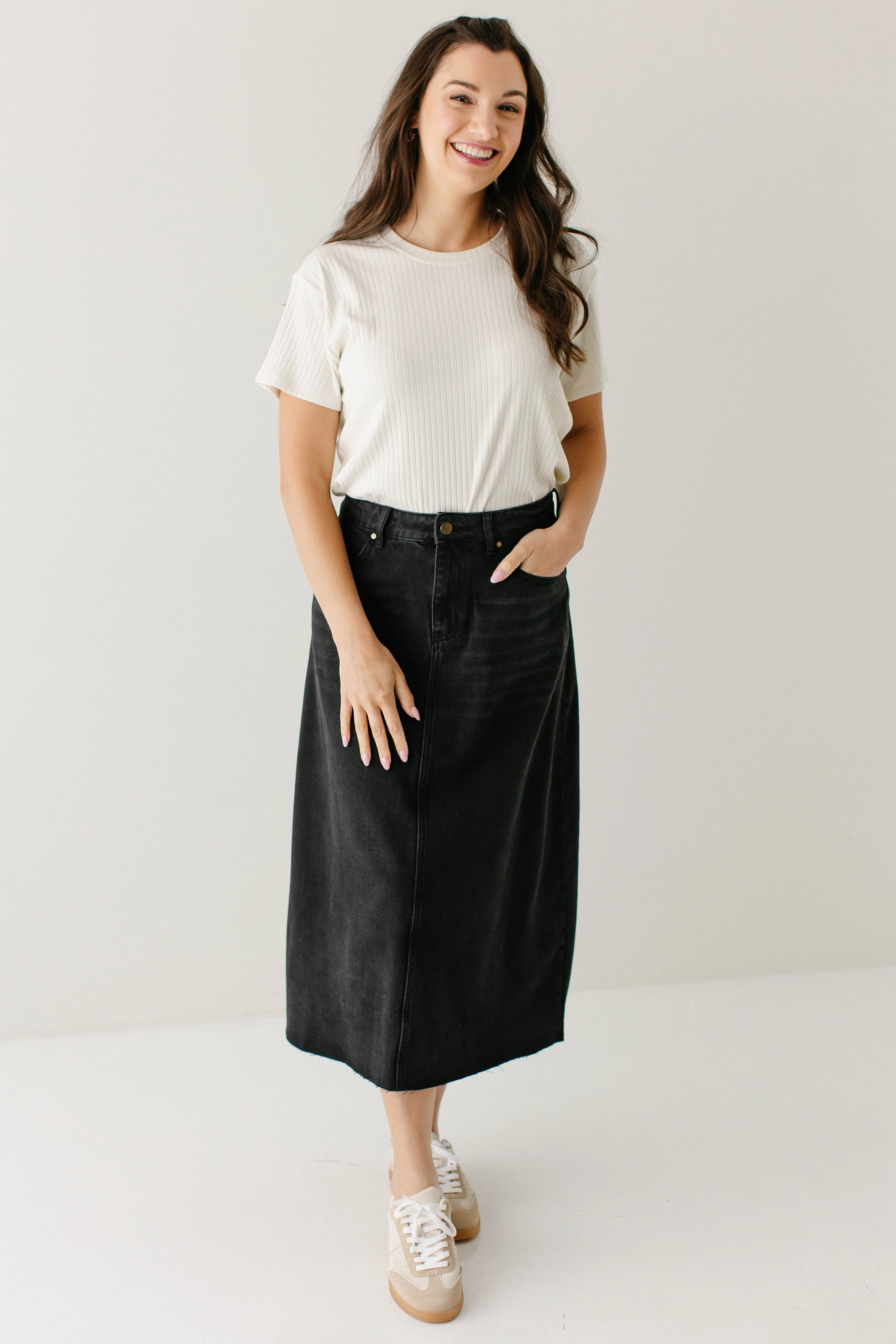 'Brooke' A-Line Denim Midi Skirt Smart Casual