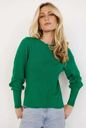 Micro Gauge Knitting Classic Crew Neck Jens Sweater Top | Green