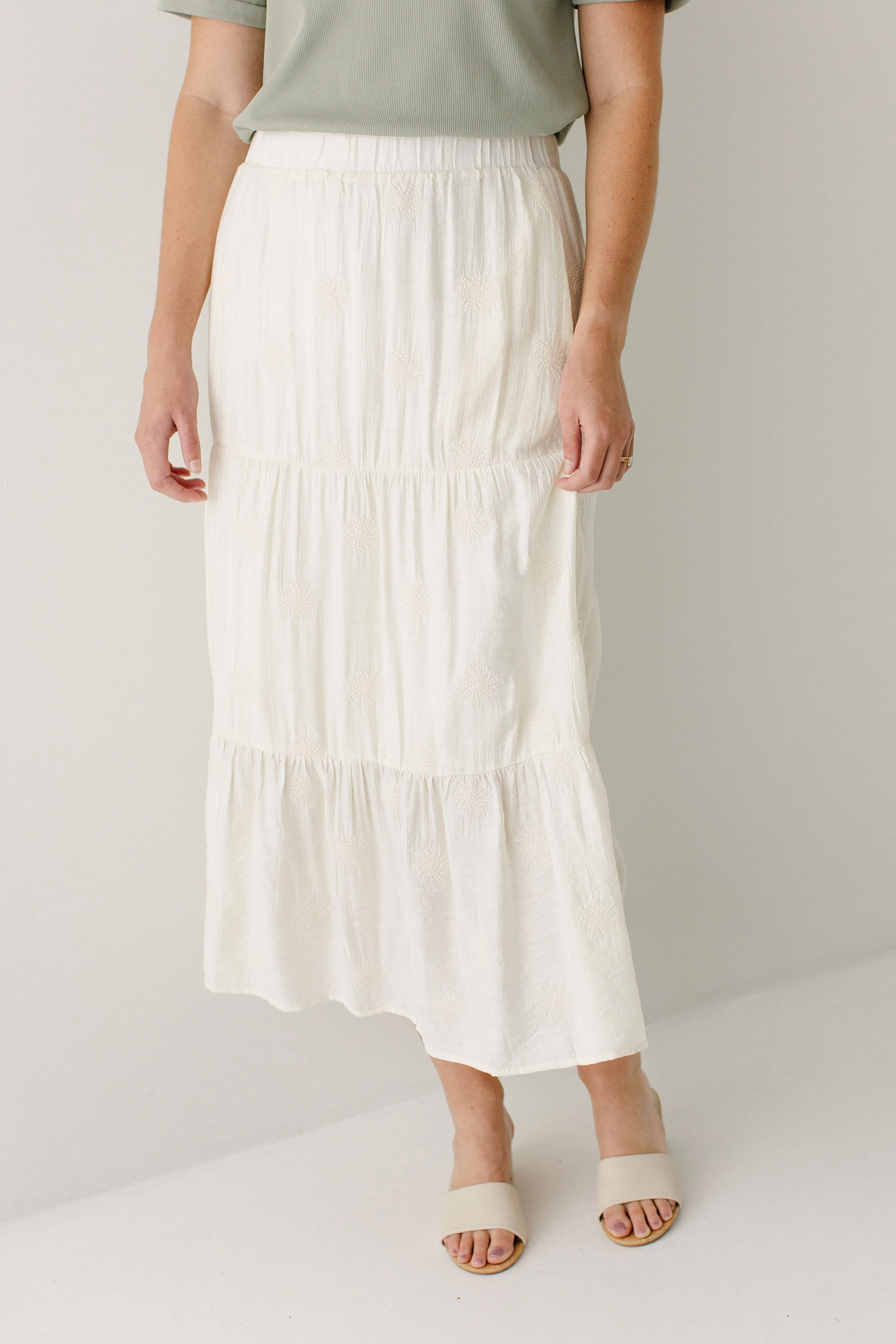 Breezy Fit 'Bonnie' Floral Embroidered Tiered Midi Skirt in Cream