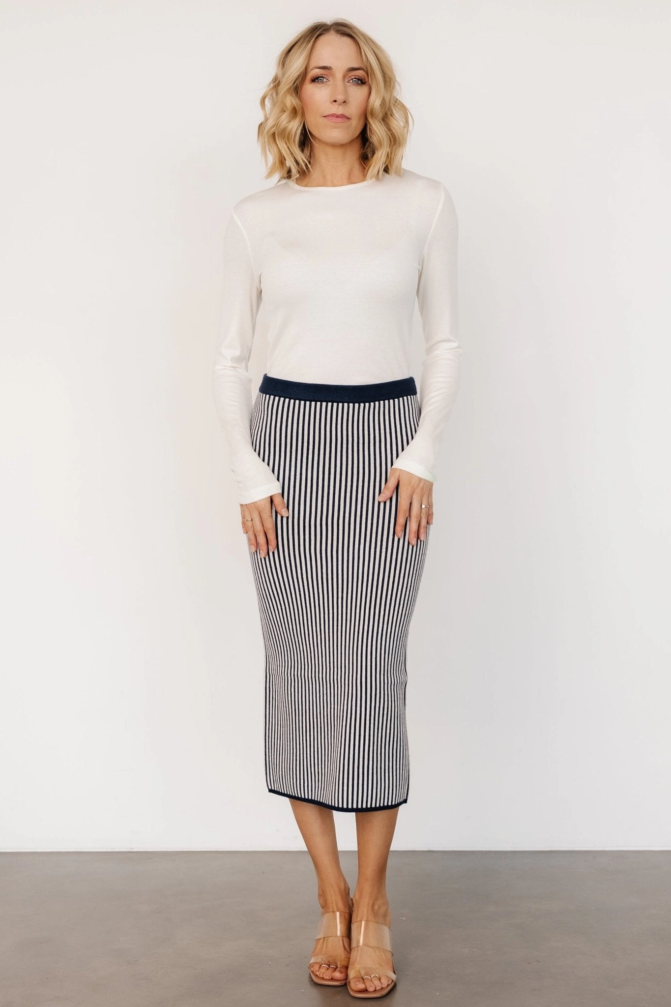 Biodegradable Fabric Bold Statement Alonso Knit Midi Skirt | Navy Stripe