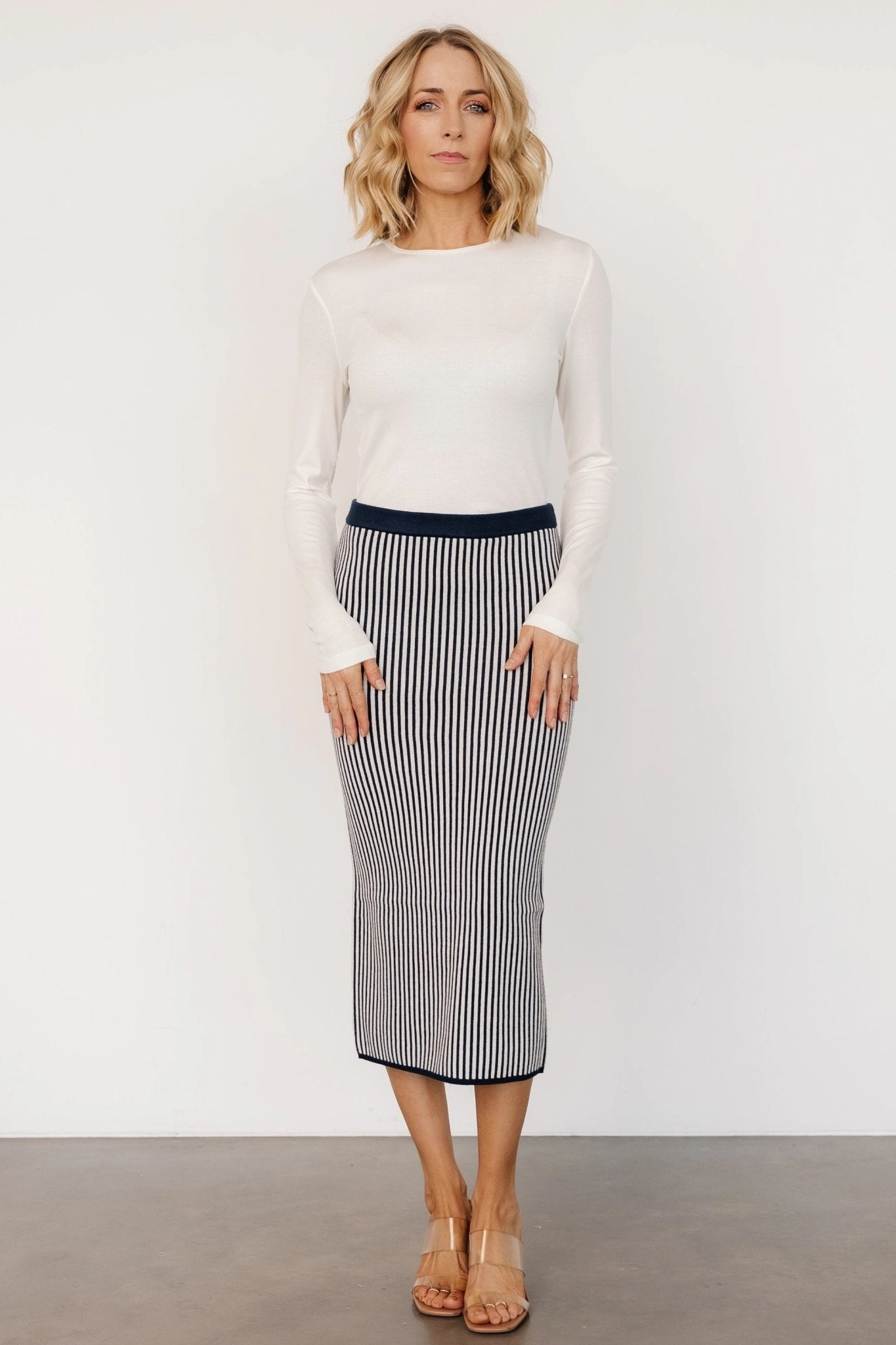 quick dry Cozy Vibes Alonso Knit Midi Skirt | Navy Stripe