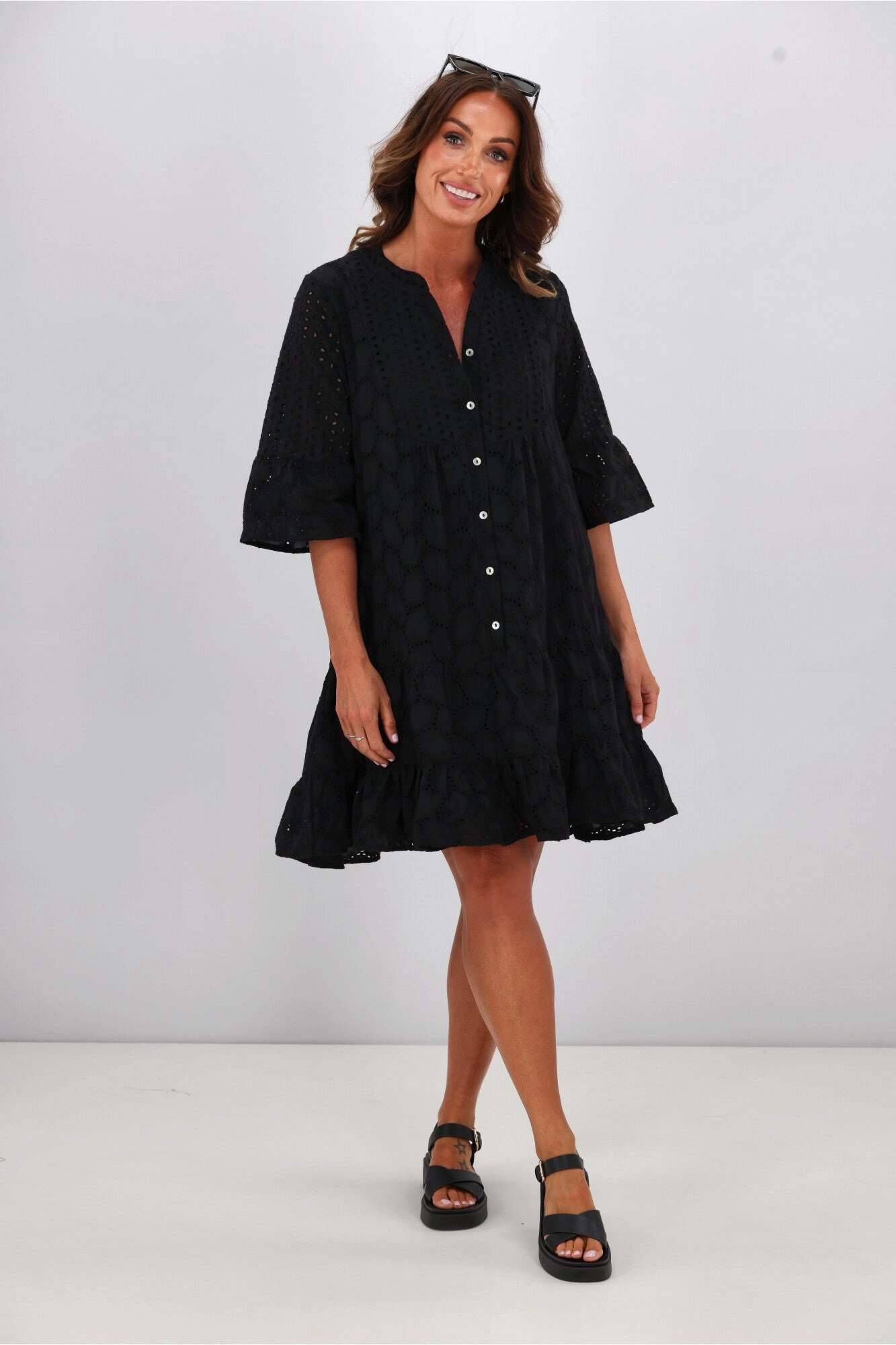 SoftTouchTexture Flattering Waistband Fit Shine On Label Kathryn Applique Baby Doll Dress Black