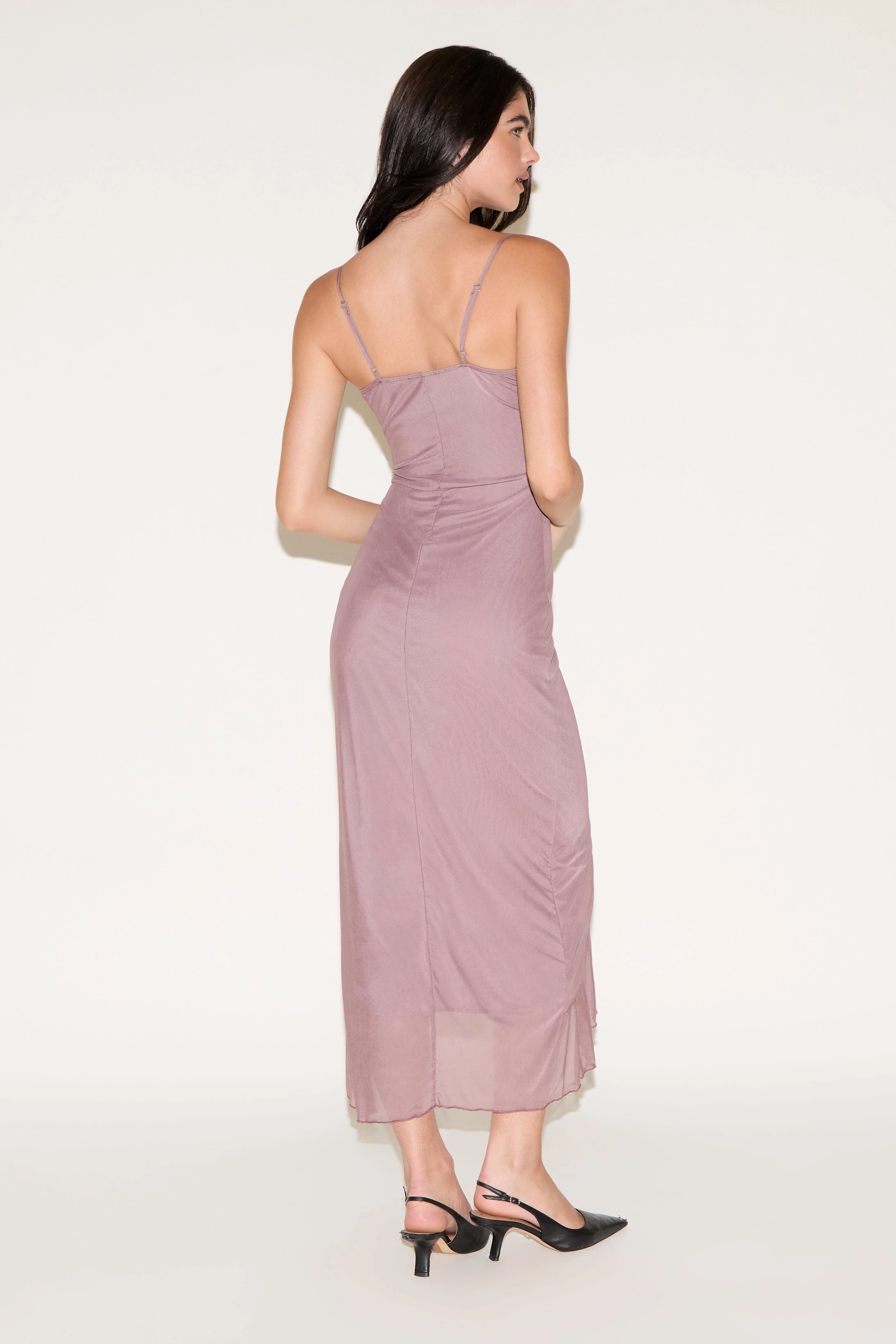 SWEETHEART NECK MESH RUFFLE SLIT MAXI DRESS Feminine empire waist dress