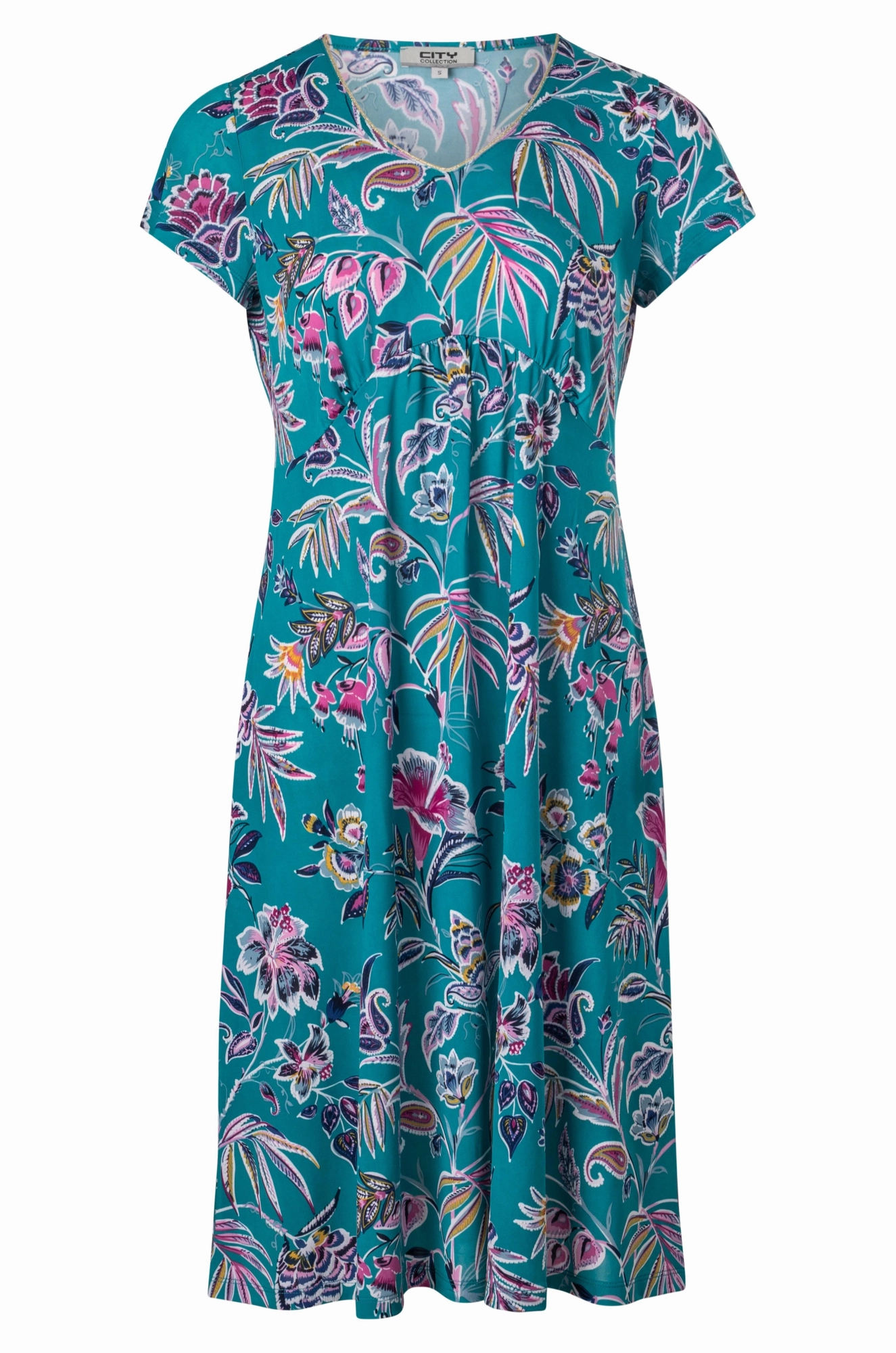 Curved waist printed Slinky Dress | Jade Pink Garden Puff | 7423A1 Unisex Option