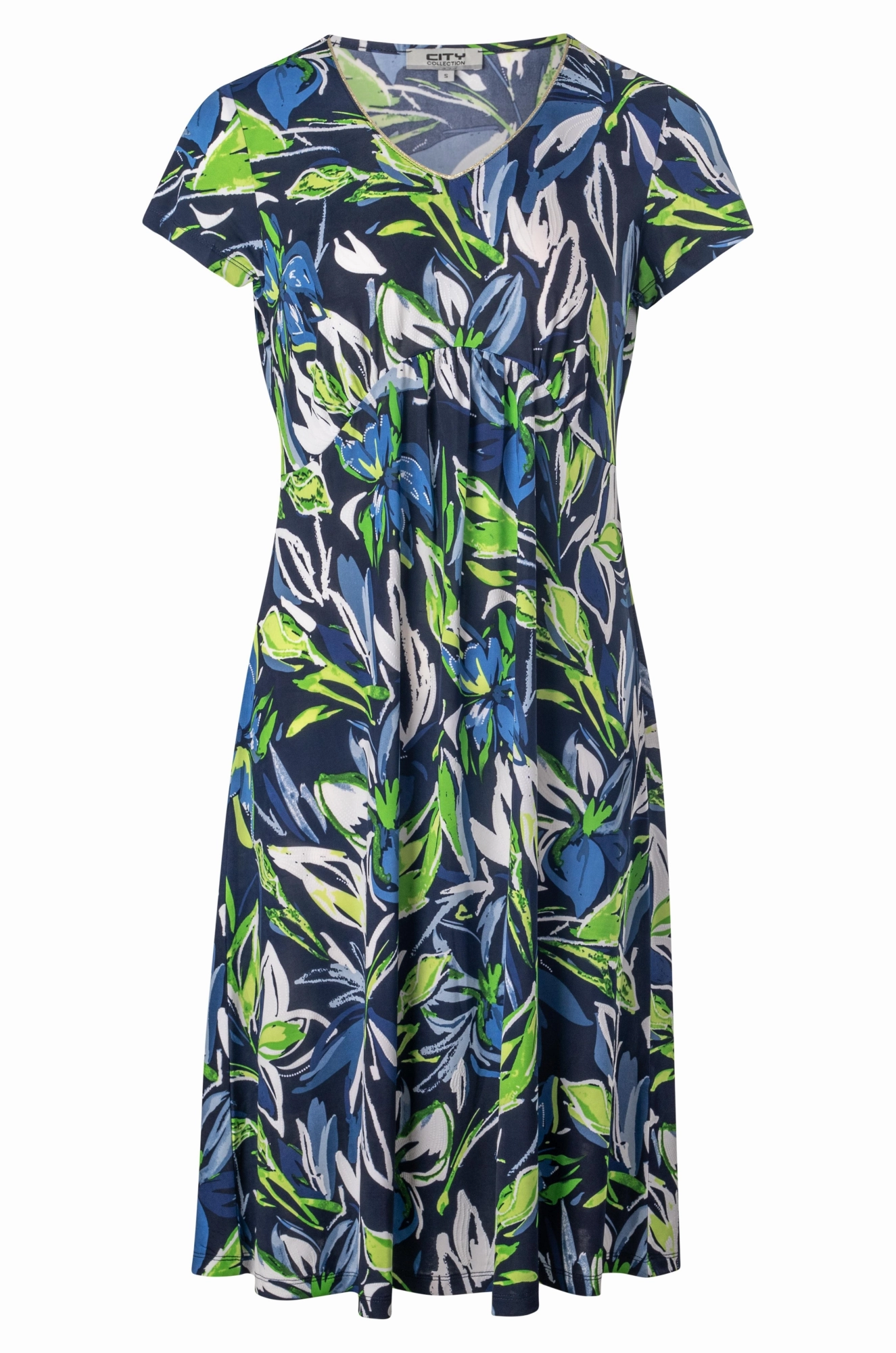 Curved waist printed Slinky Dress | Navy Grn Garden Puff | 7423A1 warm tones Neutral Flow