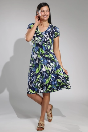Tasteful Detail Curved waist printed Slinky Dress | Navy Grn Garden Puff | 7423A1