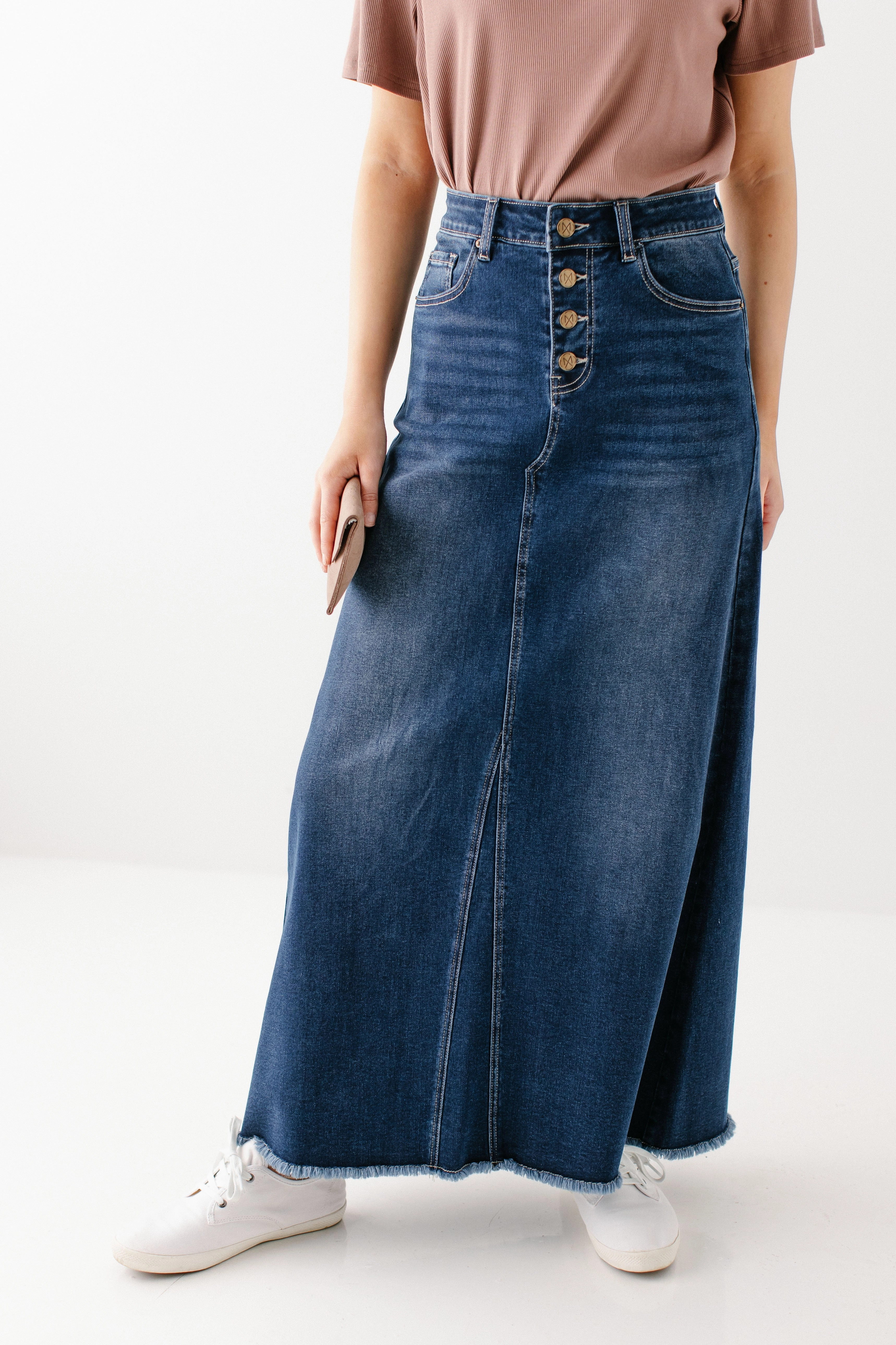 Detail Focus 'Haven' Long Stretch Denim Skirt in Dark Wash FINAL SALE