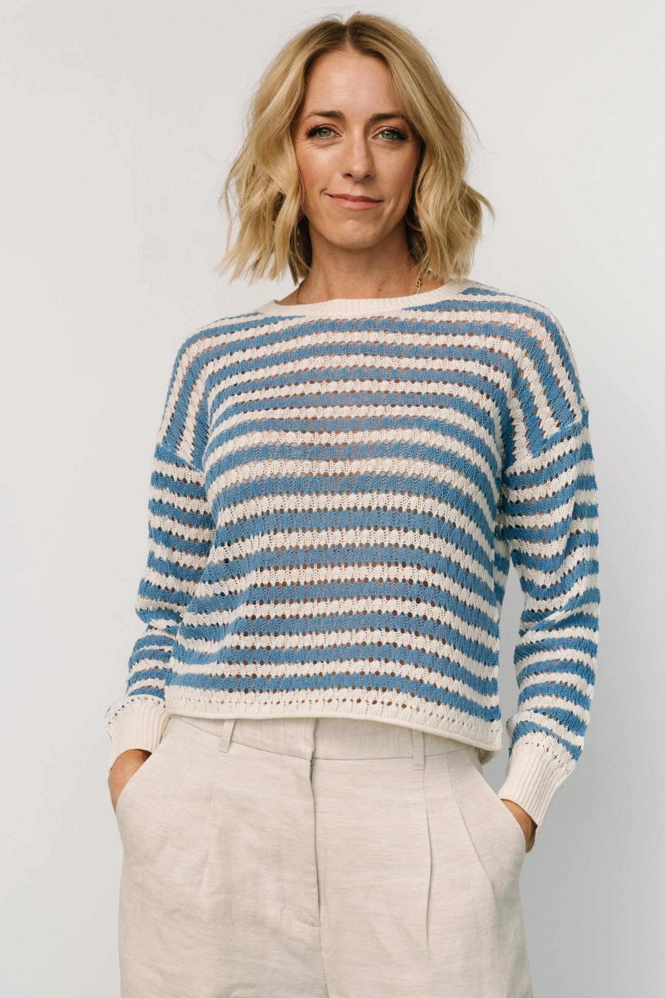 Breathable Performance Dawn Open Knit Top | Blue   Ivory