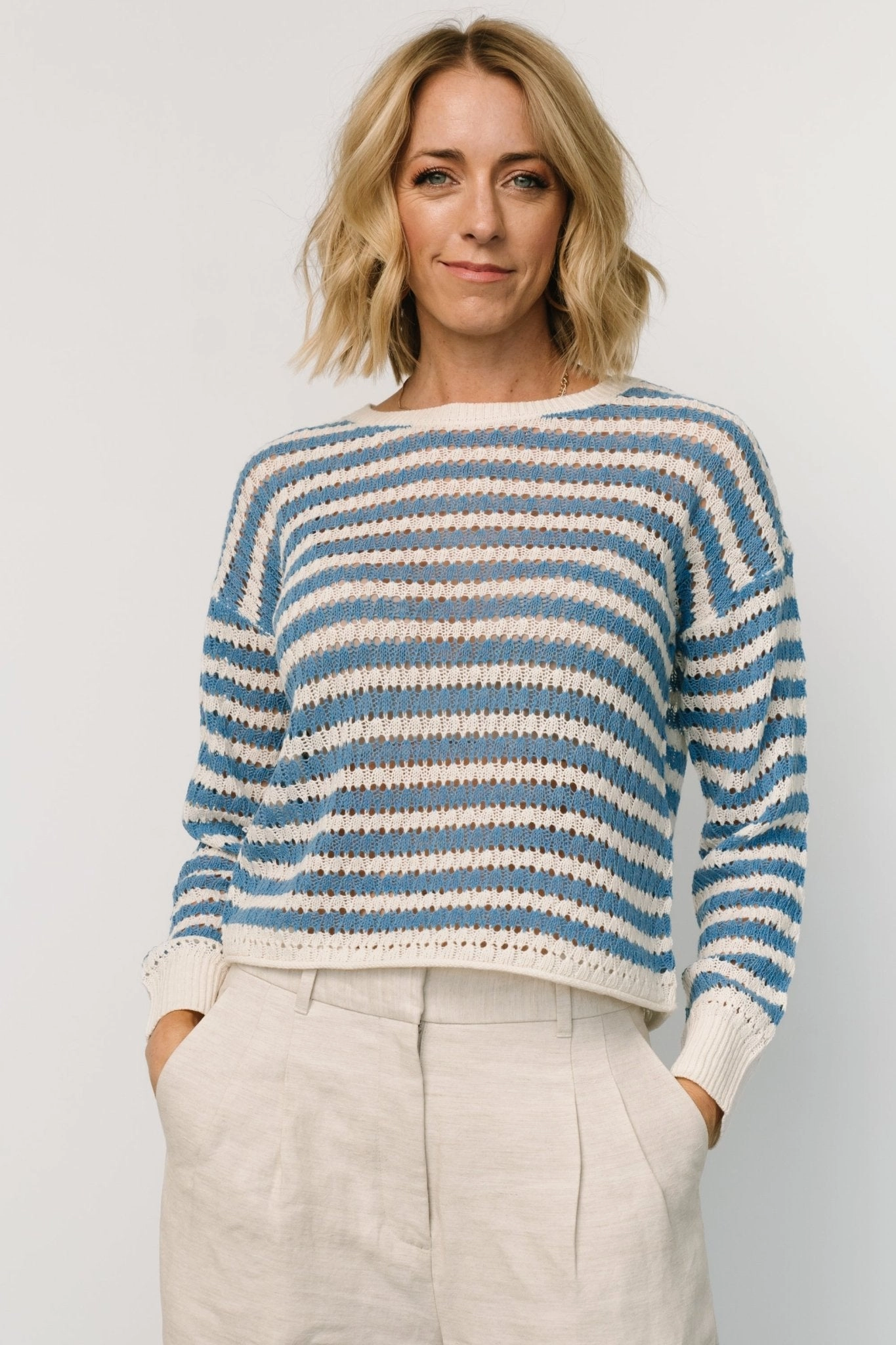 Dawn Open Knit Top | Blue   Ivory Winter Perfection Wrinkle Free Material