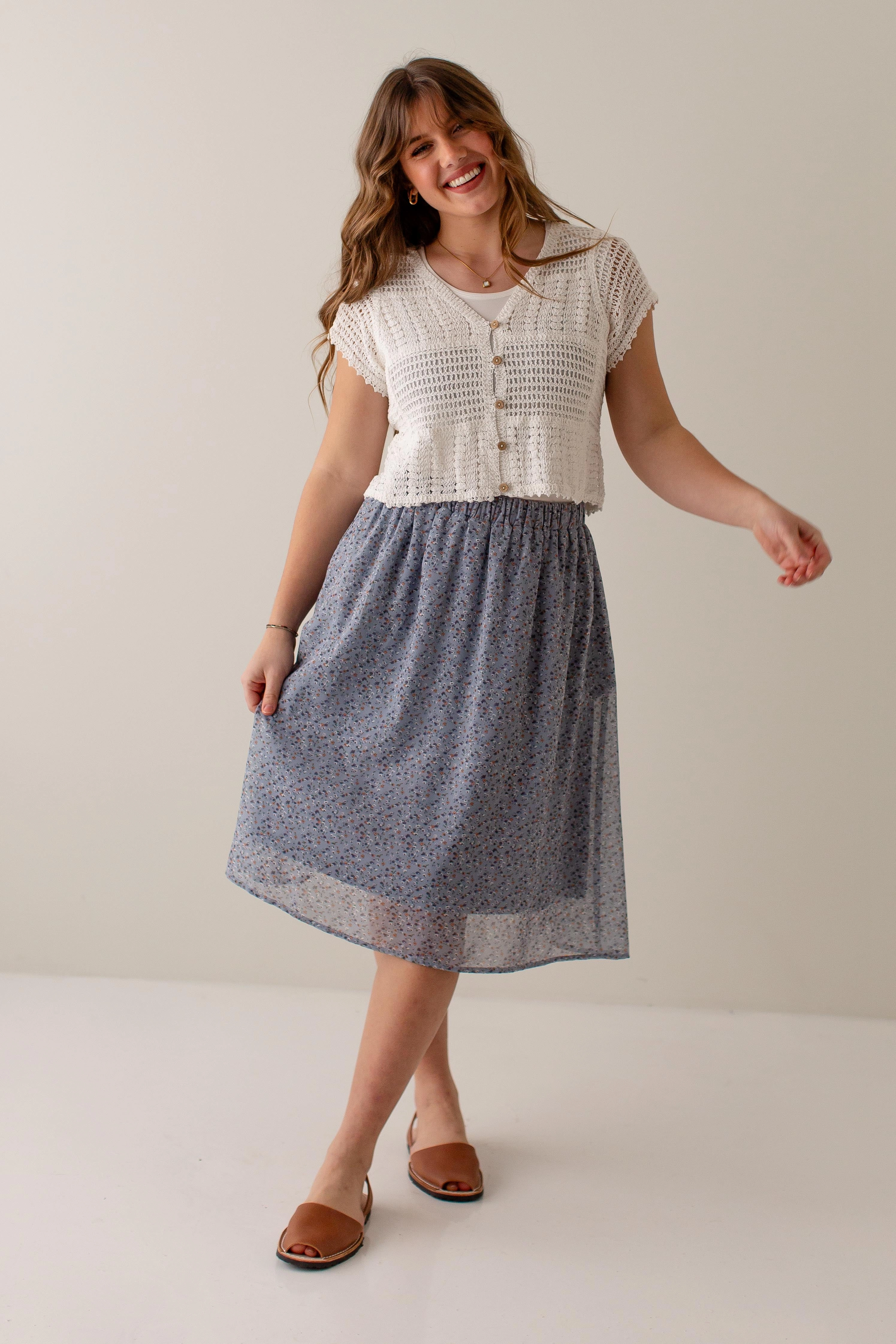 One size fits most Vibrant Touch 'Nina' Ditsy Floral Midi Skirt in Slate Blue FINAL SALE