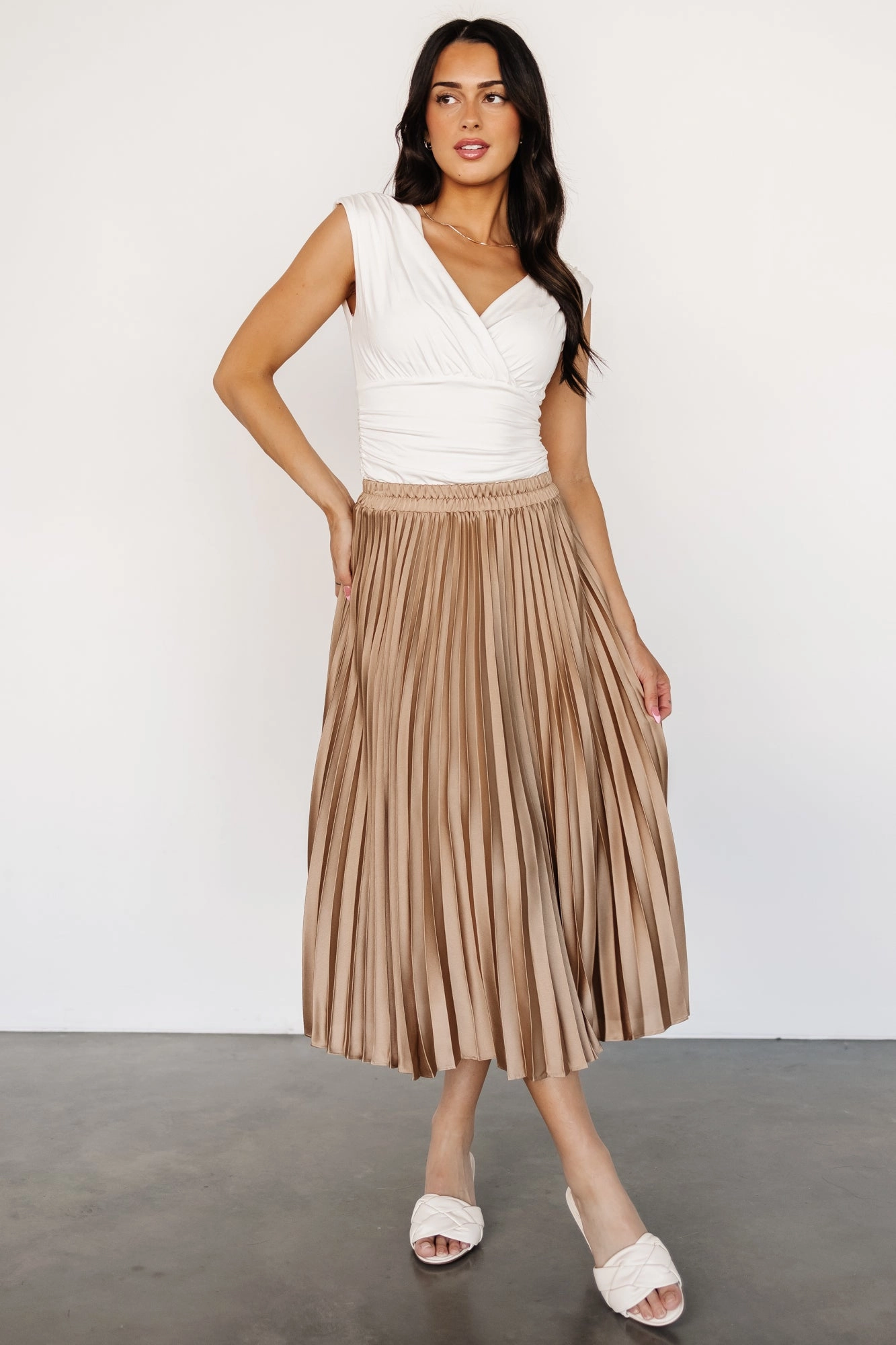 Demetria Pleated Midi Skirt | Light Bronze Odor control Trend Ready