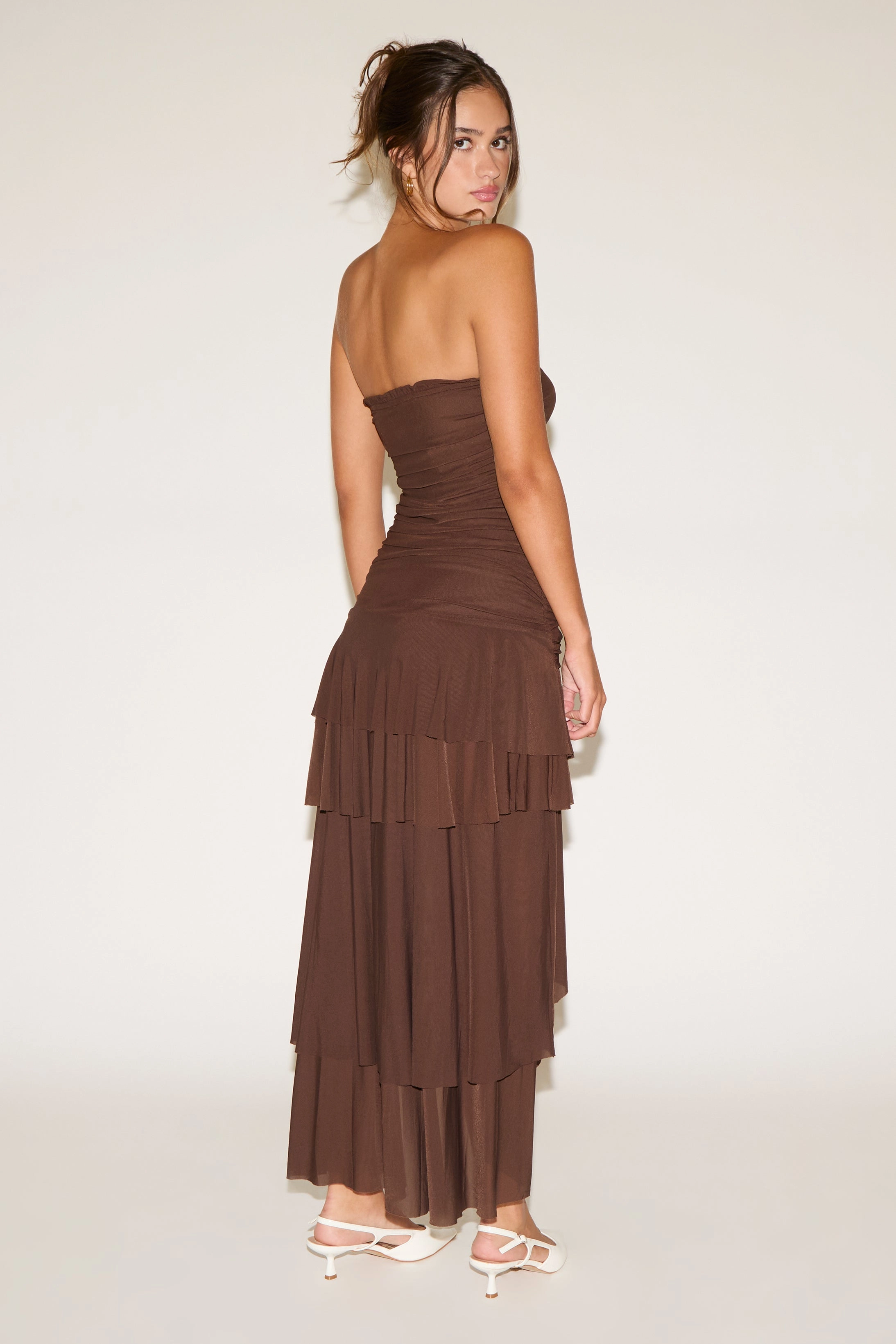 Easy-to-style casual dress Effortless Fit Design STRAPLESS RUCHED BODICE DROP WAIST RUFFLE MAXI DRESS
