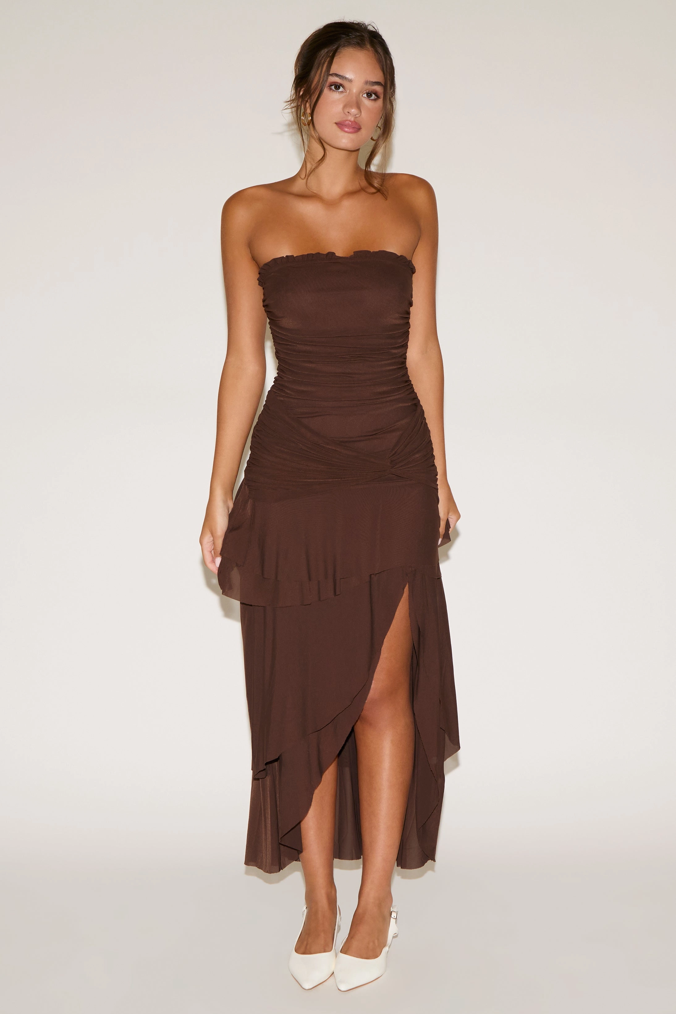 Bright Appeal Event Safe STRAPLESS RUCHED BODICE DROP WAIST RUFFLE MAXI DRESS