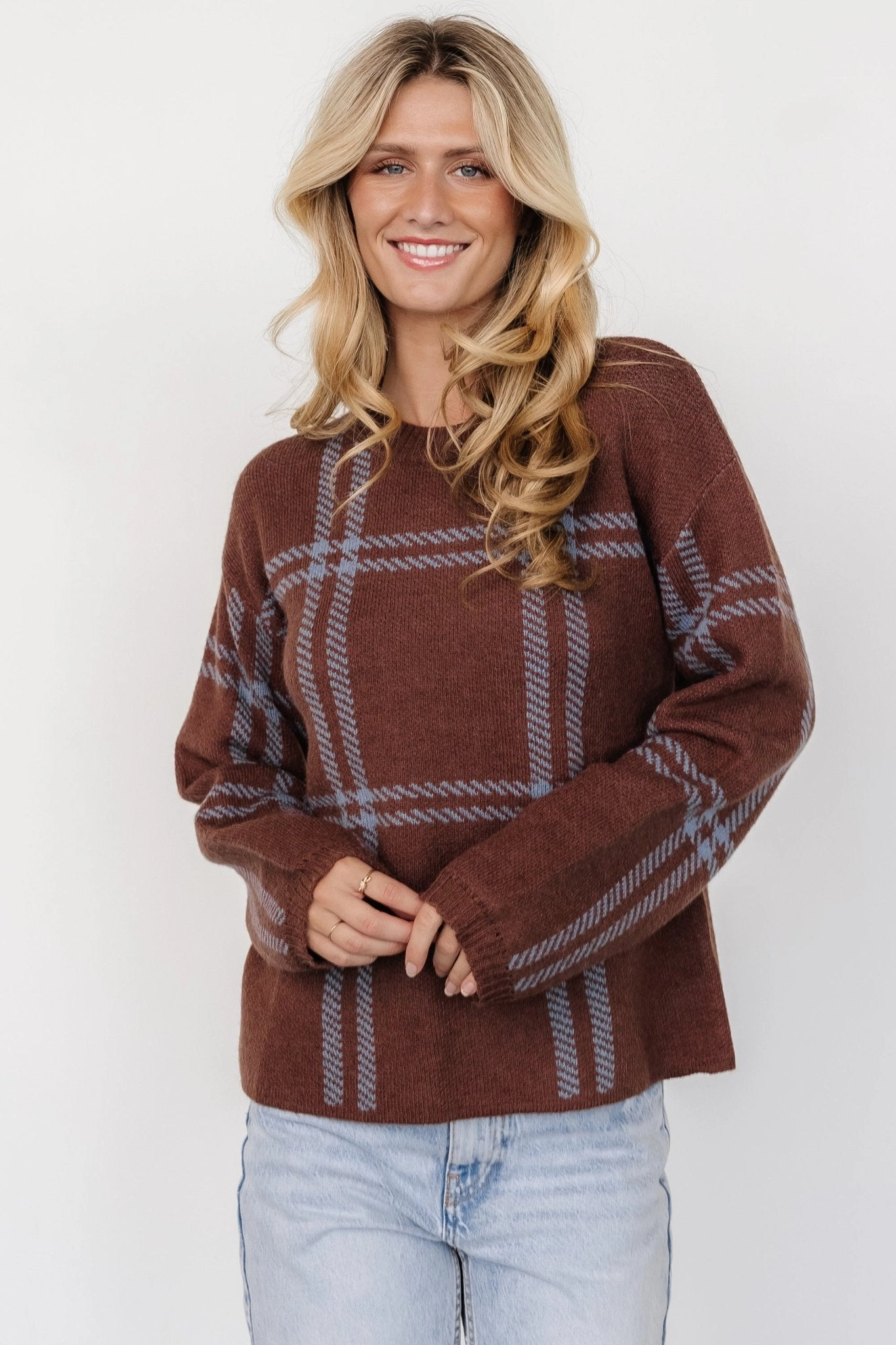 Francie Sweater | Brown   Blue Plaid Warm Base